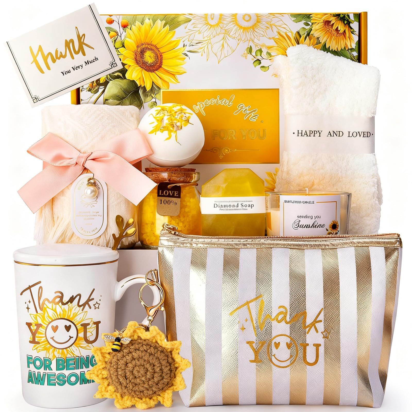 Gifts for Women, Thank You Gifts for Teacher, Sunflower Pamper Hamper Gift Sets for Women, Unique Relaxation Self Care Thank You Birthday Gift, Get well Soon Presents for Best Friends Mum Sister Wife