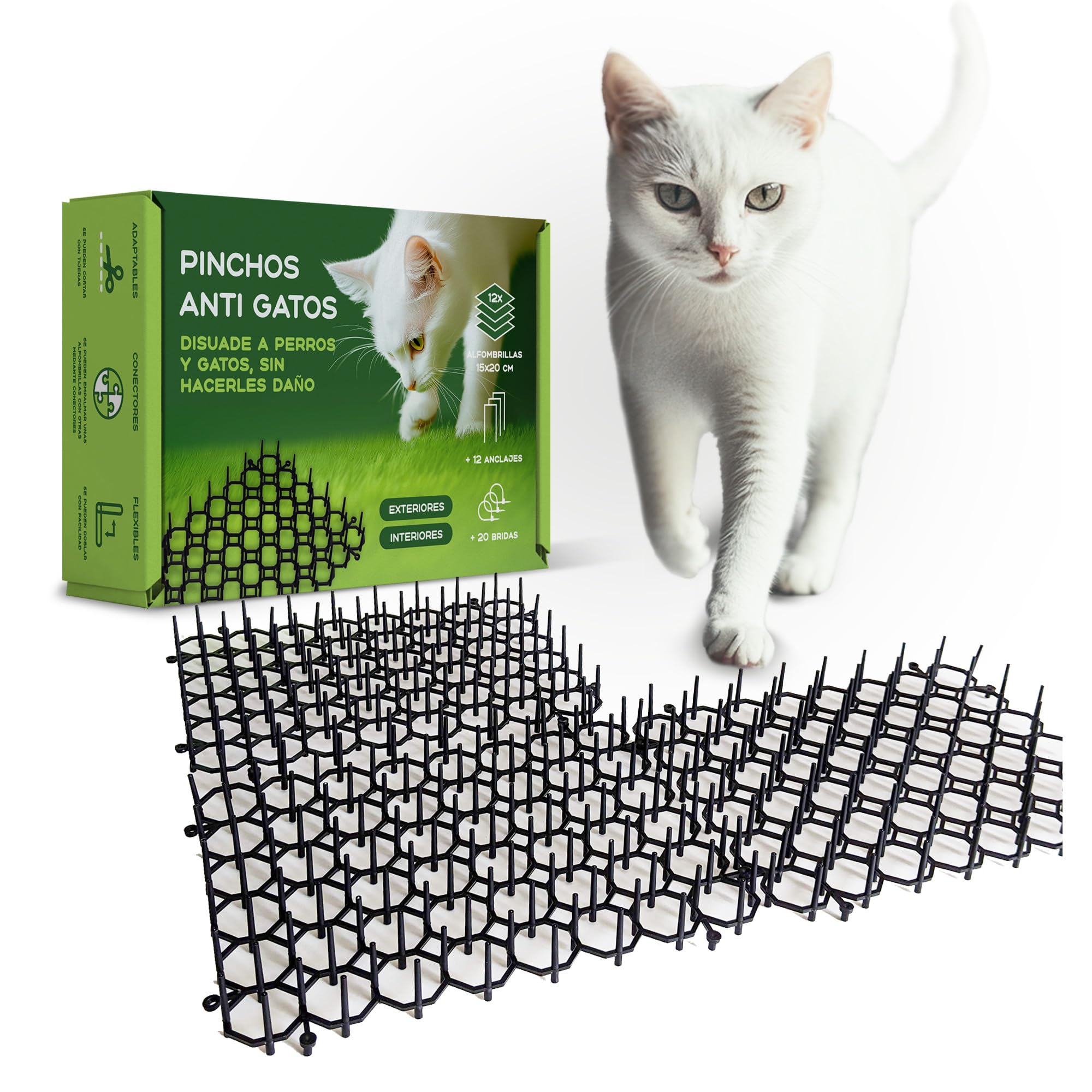 Pinchos Anti Gatos, 12 Alfombrillas 15x20cm + 12 Anclajes + 20 Bridas. Repelente para Gatos Jardin, para Interior y Exterior Mantiene Alejados a los Gatos (12 Alfombrillas 15x20 cm)