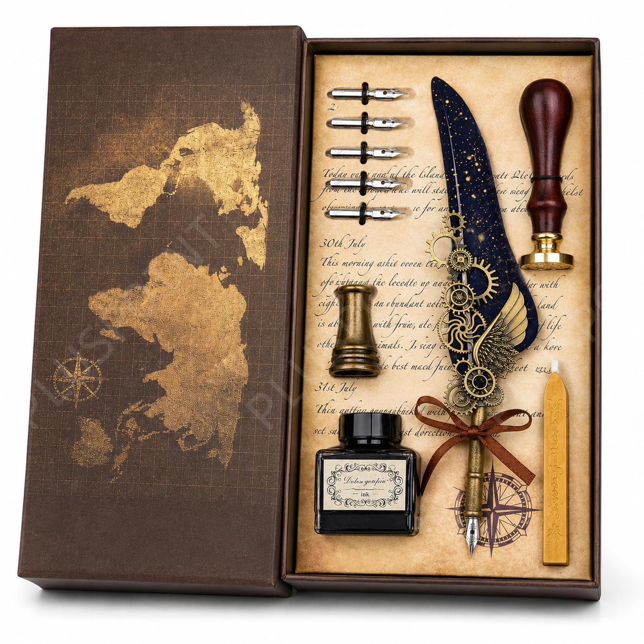 PLUSPOINT Vintage Feather Fountain Pen Set | 10-Piece Antique Calligraphy Dip Pen Set with Ink Bottle, Wax Seal & Pen Stand | Luxury Writing Gift Set for Signature, Art, Office & Corporate Gifting