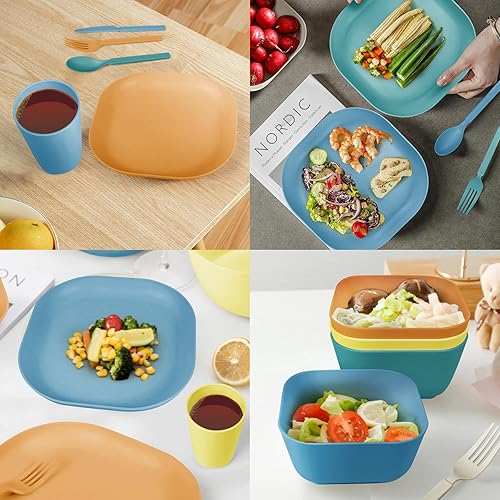 Miniatura 4 de afcevnlb Juego de vajilla cuadrada de paja de trigo de 24 piezas para 4, platos y cuencos irrompibles para acampar y fiestas (cuatro colores)