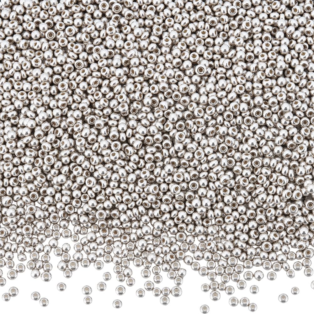 SOFPLATE 100G about 6600Pcs 12/0 Glass Seed Beads Tiny Pony Beads 2mm Opaque Silver Small Mini Round Electroplated Craft Smooth Loose Spacers for Wrist Bracelets Necklaces Earrings Jewellery Crafting