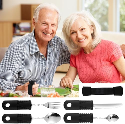 4 utensilios adaptativos, utensilios con peso para temblores de manos, utensilios de alimentación adaptativos con correa de fijación, para personas