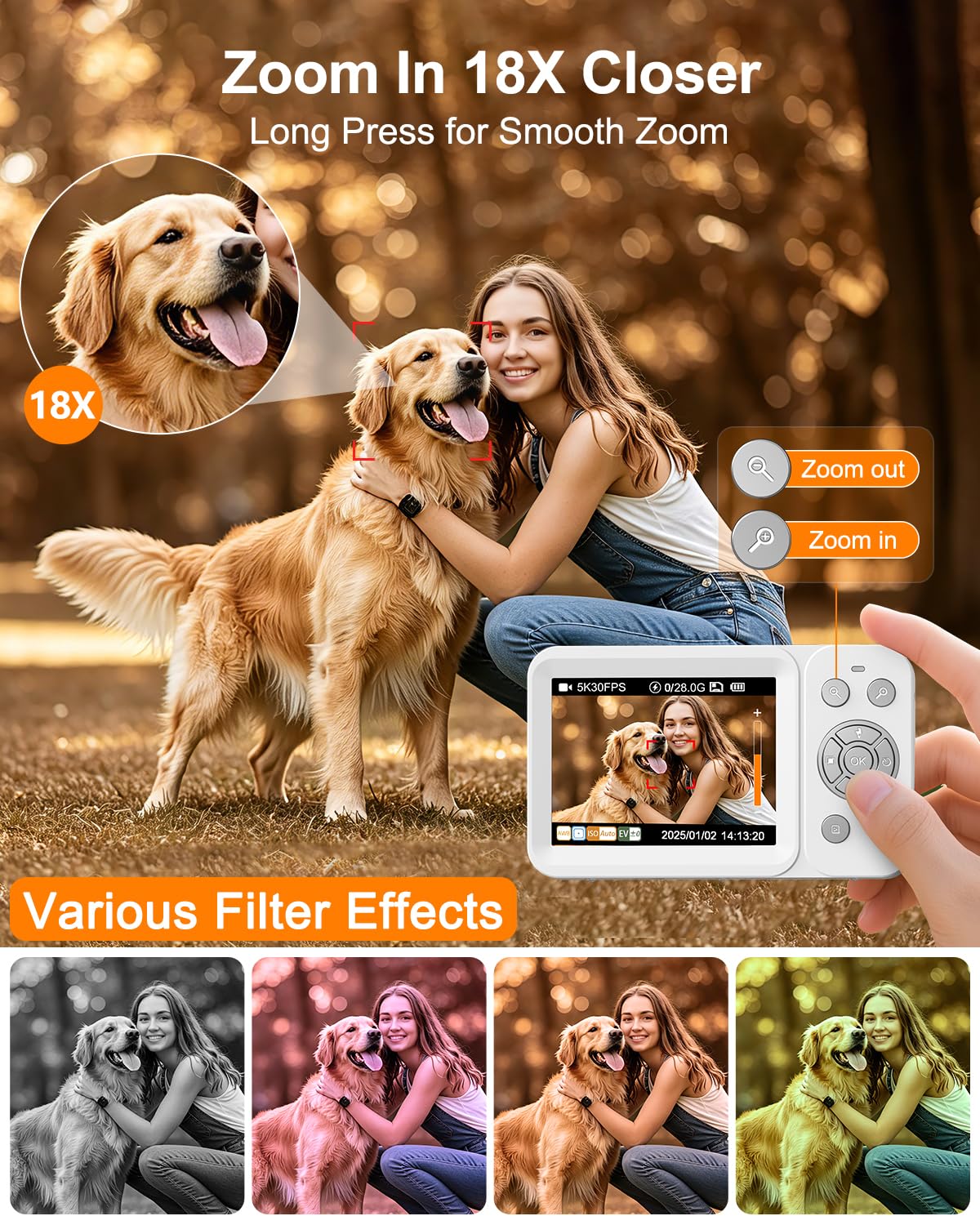 Fotocamera digitale 5K con messa a fuoco automatica, fotocamera da 80 MP per YouTube, fotocamera Vlogging a doppio schermo per viaggi, zoom 18x, fotocamera compatta per principianti e