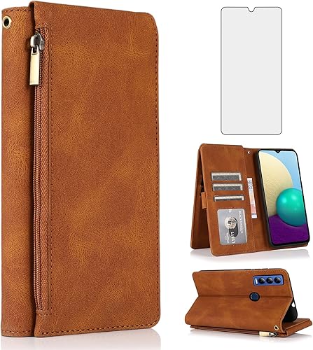 Asuwish Compatible con AT&T Motivate Max U668AACricket Ovation 3 U668AC - Funda tipo cartera de vidrio templado, protector de pantalla y cremallera