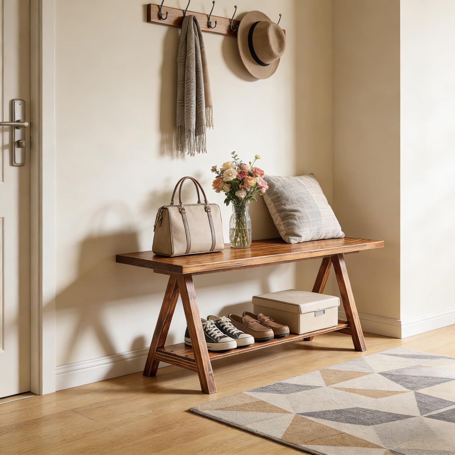 Rustic Solid Wood Entryway Bench, Farmhouse Bench for Entryway, Small Wood Benches Indoor, Low Bench for Decorative Bedroom, Entryway 30''