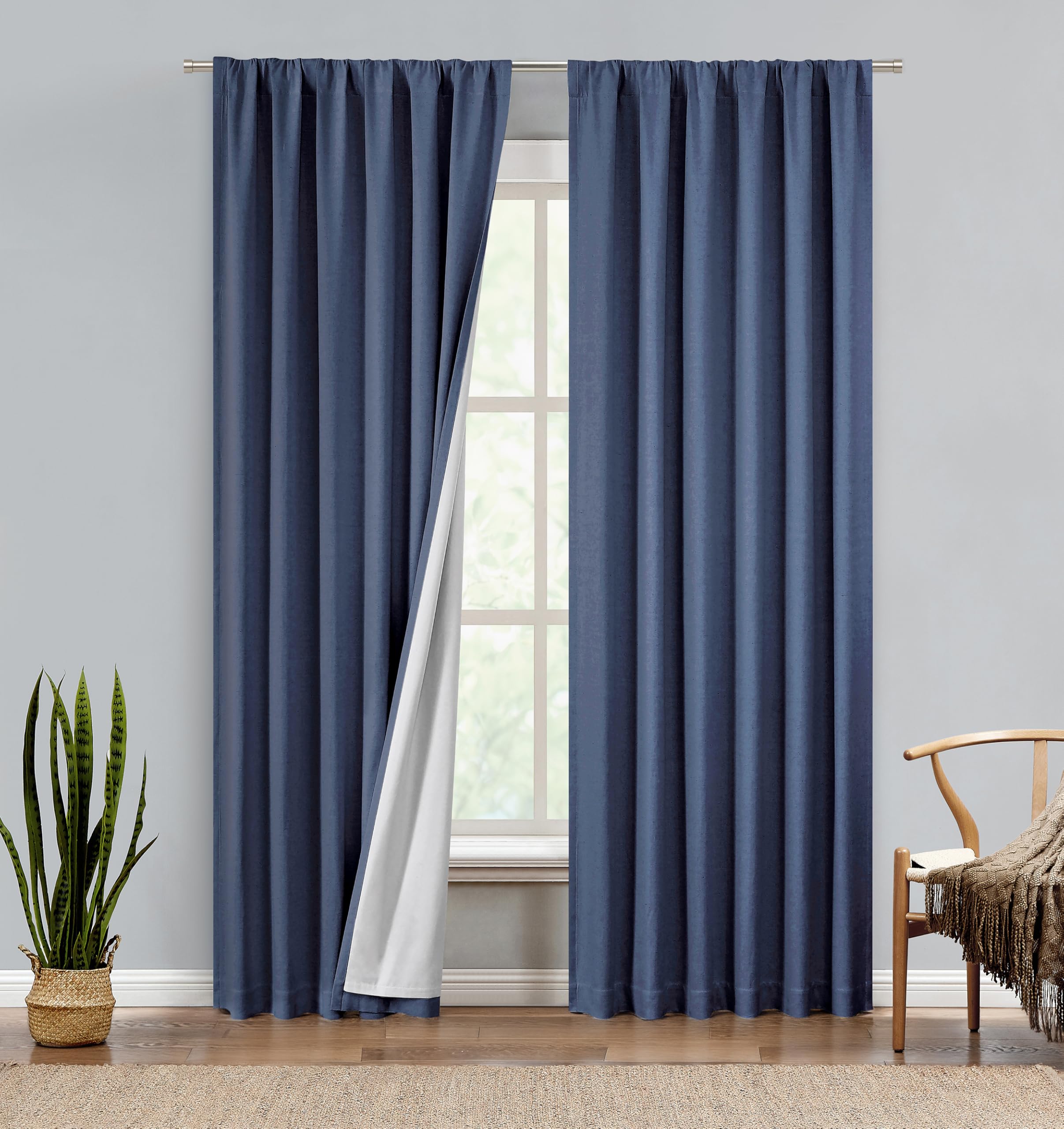Central Park Indigo Blue Cotton Linen Full Blackout Curtain Farmhouse Window Treatment with Back Tab Rod Pocket Thermal Insulated Triple Weave Rustic Drapes for Bedroom with Liner, 50"x90", 2 Panels
