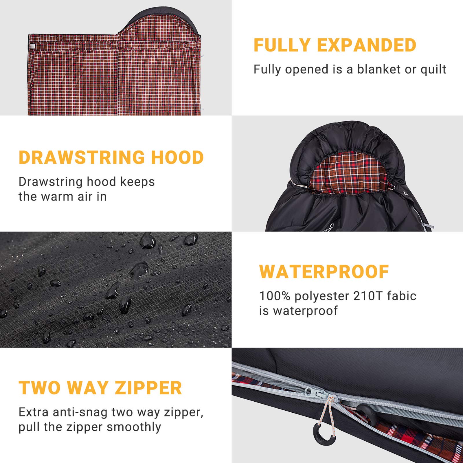 GEERTOP Slaapzak XXL, 4 seizoenen, flanel, campingslaapzak, oversized, 220 x 100 cm, voor volwassenen, outdoor, rugzakreizen, wandelen, zwart met rood geruit