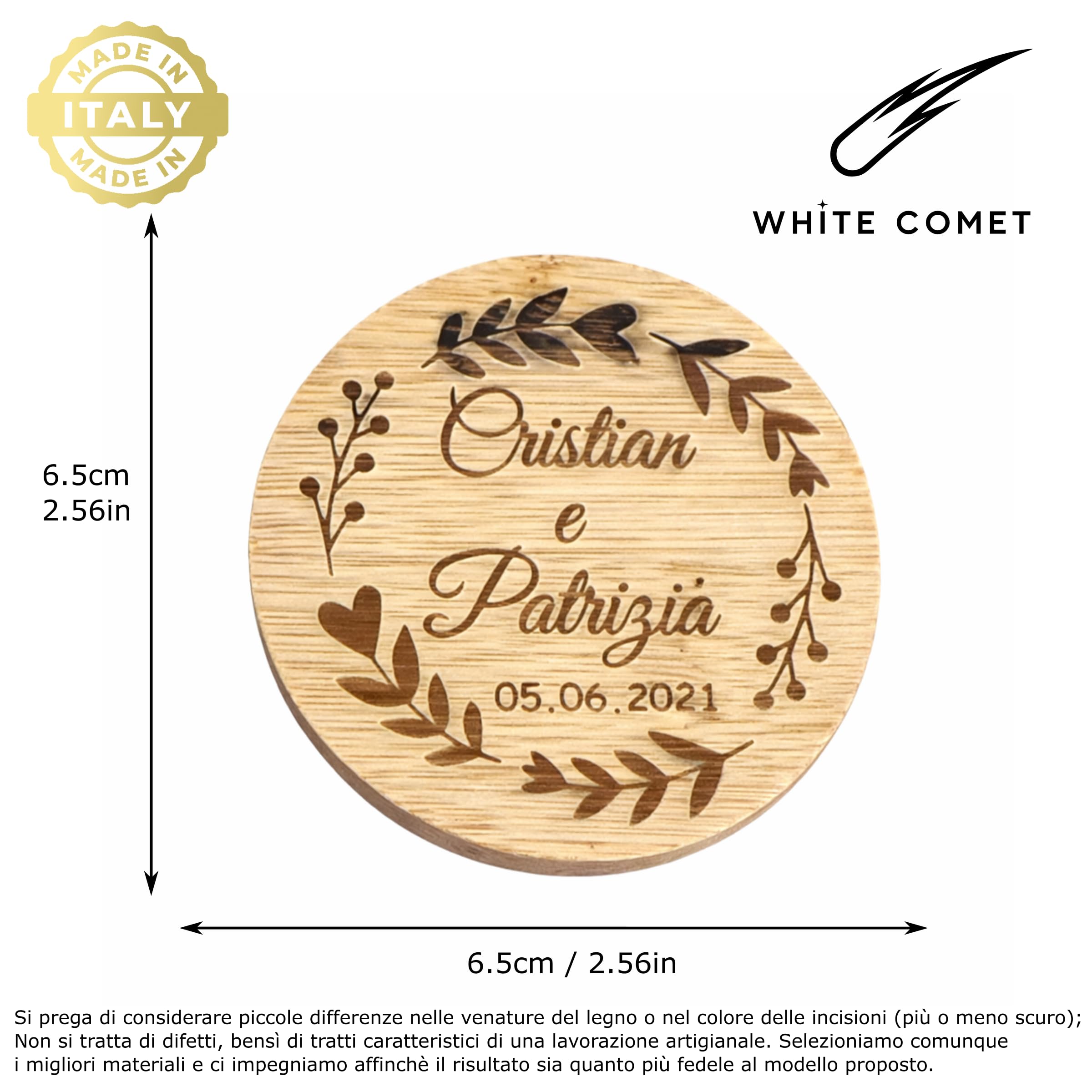 WHITE COMET Apribottiglie in Legno Personalizzato - Apribottiglie Magnetico da Frigo con Incisione Nomi e Data - Idea Regalo Matrimonio, Bomboniera, Anniversario (Kit 10 Pezzi)