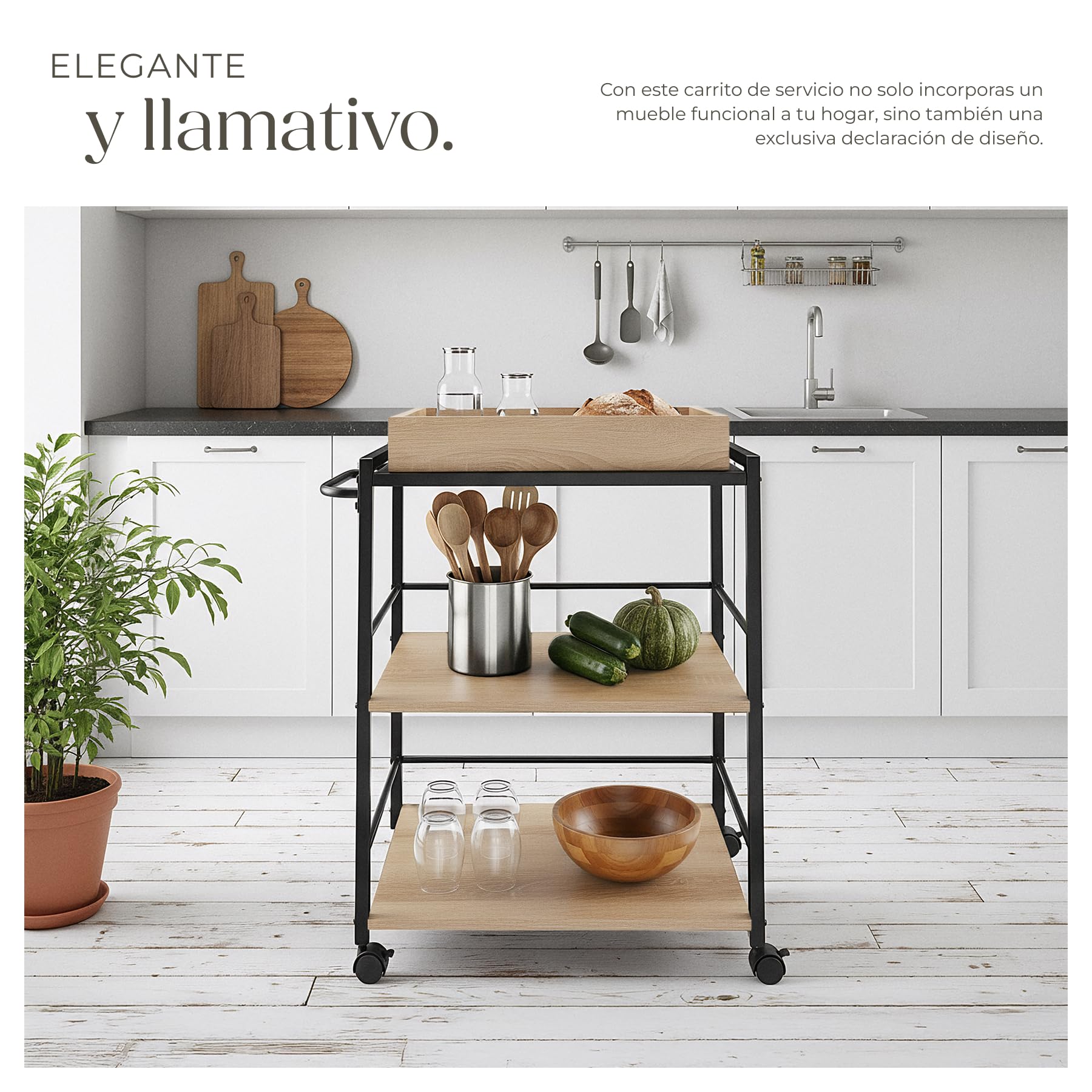 tectake® Carrito de Cocina con 3 Estantes, Almacenaje y Organizador para Baño, Hogar y Cocina, Ruedas Giratorias con Freno - 65 x 41,5 x 87 cm Madera Industrial Clara, Roble Sonoma