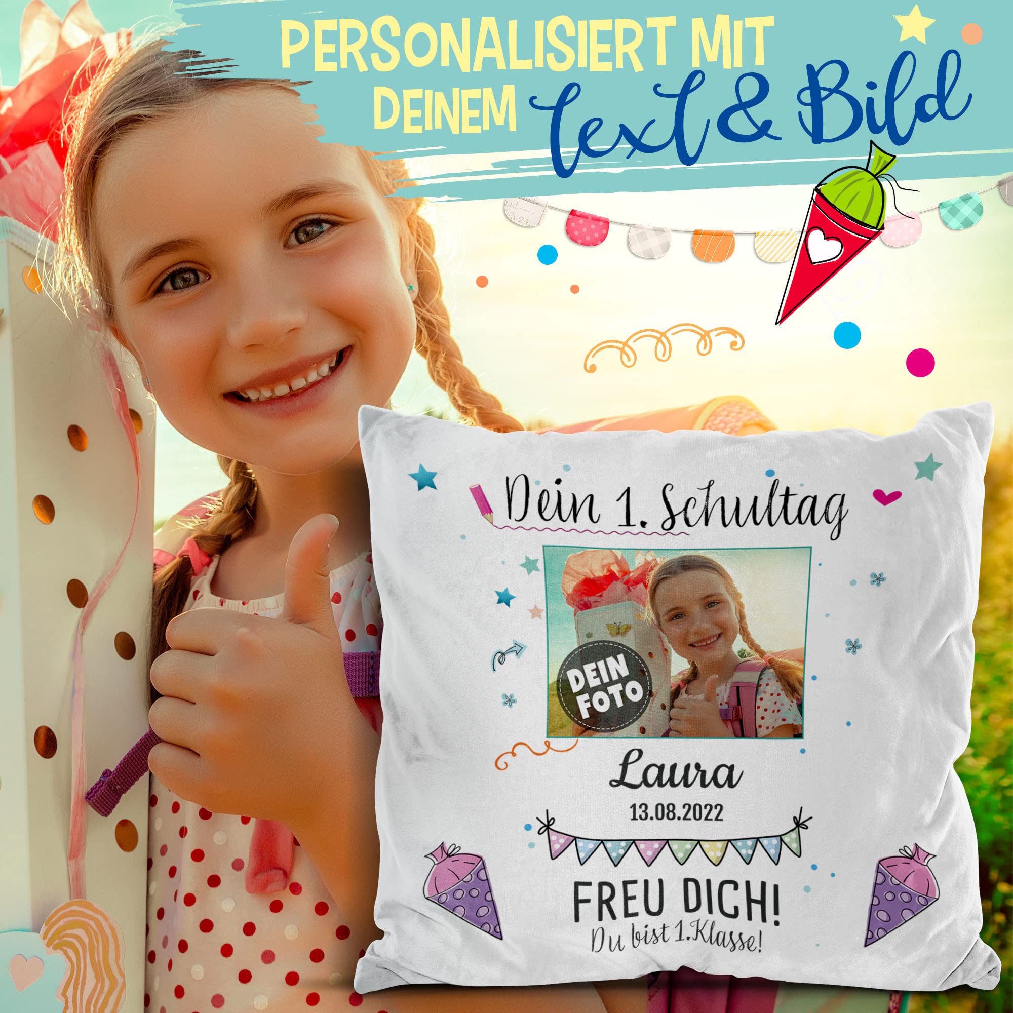 Striefchen Personalisiertes Einschulungskissen 40x40cm - Mit Foto & Name