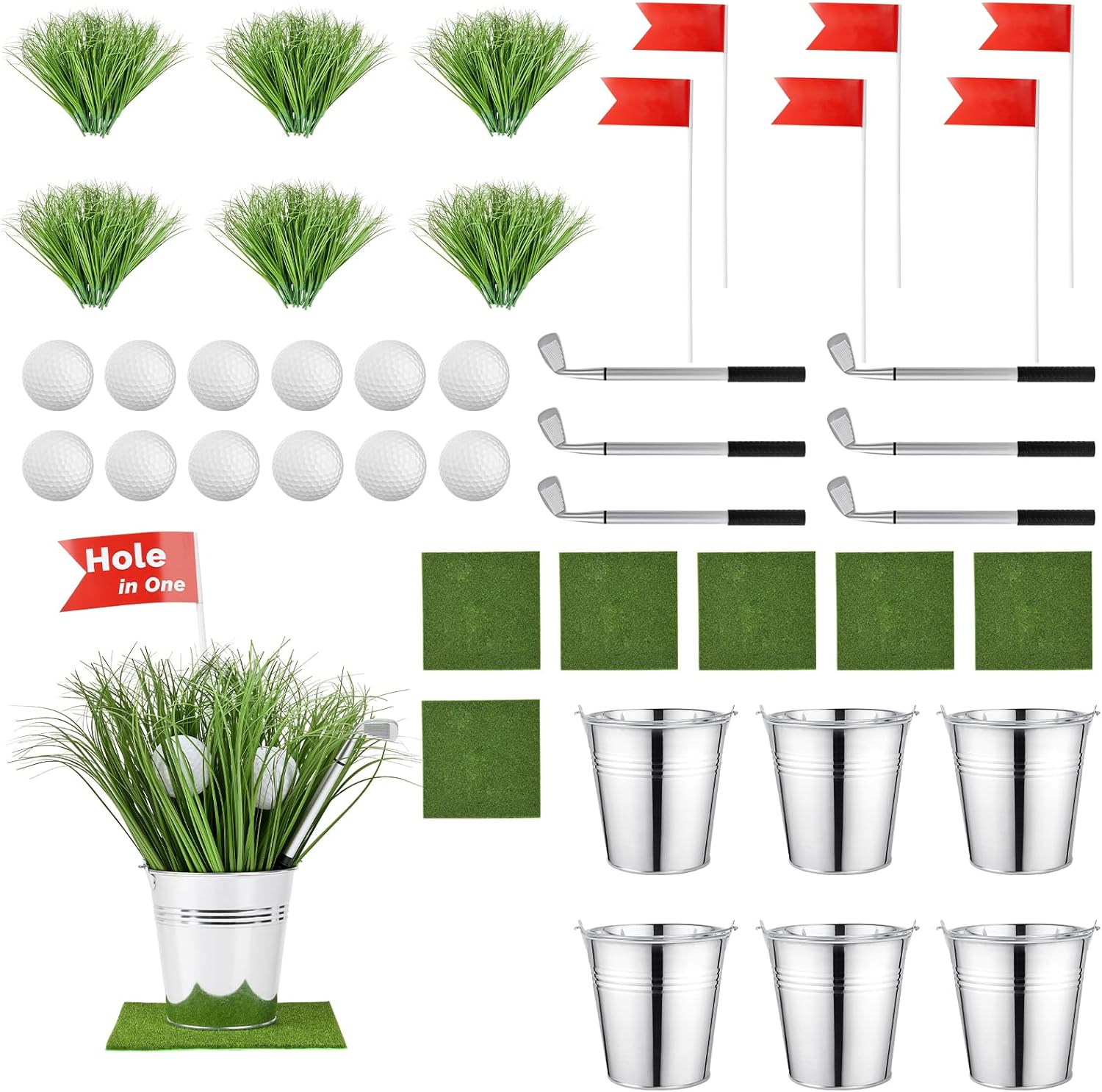 Golf Party Table Decorations Kit, 6 Set Reusable Golf Centerpieces for Table with Iron Buckets, Mini Balls Clubs Flags & Artificial Grass, Golf Theme Decorations for Birthday Sport Party Supplies