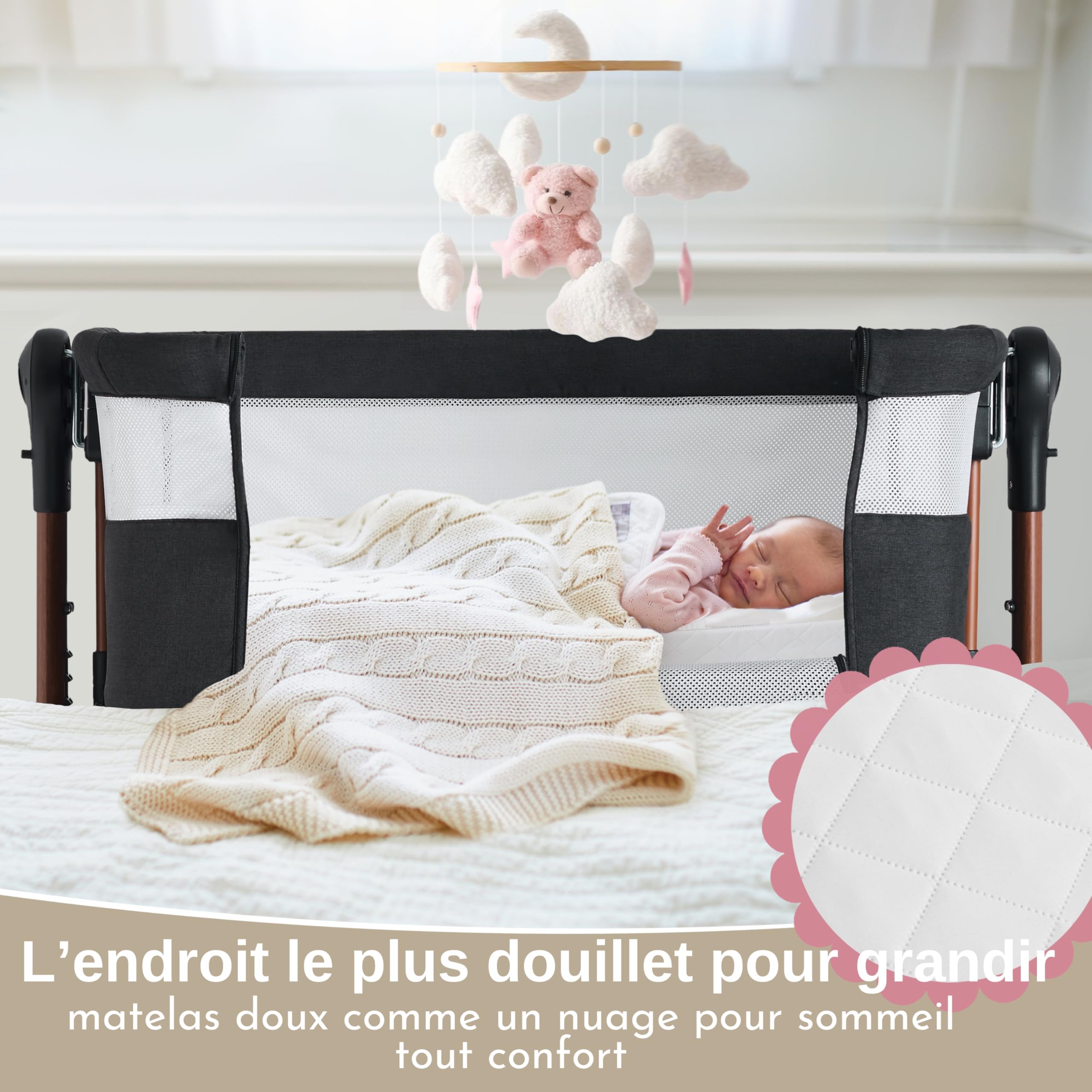LullaBee Berceau Cododo & Lit Bébé – 6 Niveaux de Hauteur, Fonction Balancelle, Roulettes, Matelas Matelassé, Parois en Maille avec Moustiquaire avec Sac de Transport (0–6 Mois) – Noir/Brun
