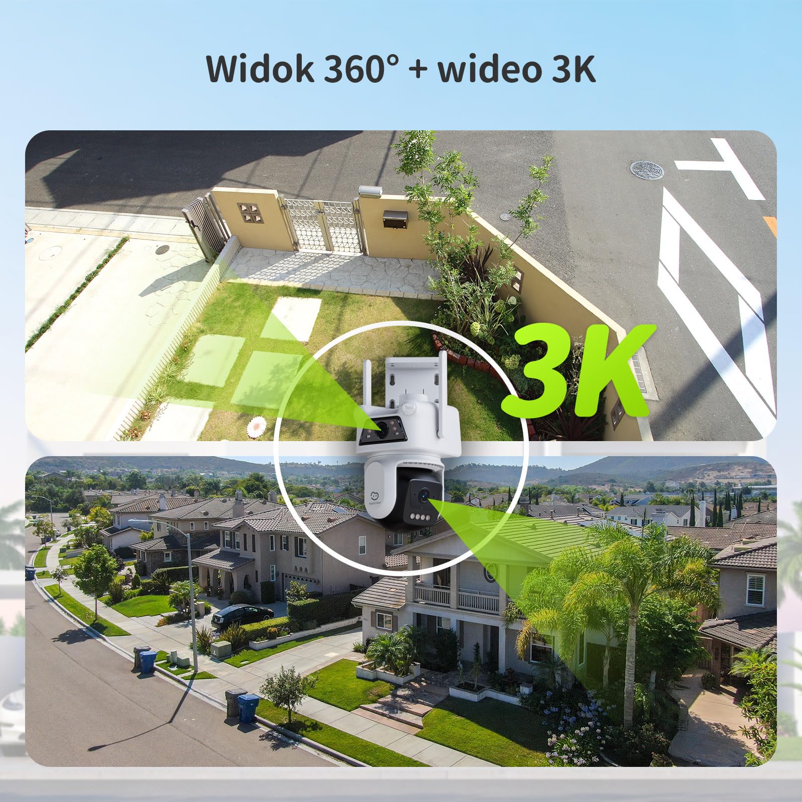 Beans View 3K+3K (5MP+5MP) Kamera Zewnętrzna, Podwójny Obiektyw, Widok 360°, Obsługa Kart SD O 512 GB, Brak Opłaty Miesięcznej, Wykrywanie Ludzi/Pojazdów, 2.4GHz Wifi, Kolorowy Noktowizor (D320)