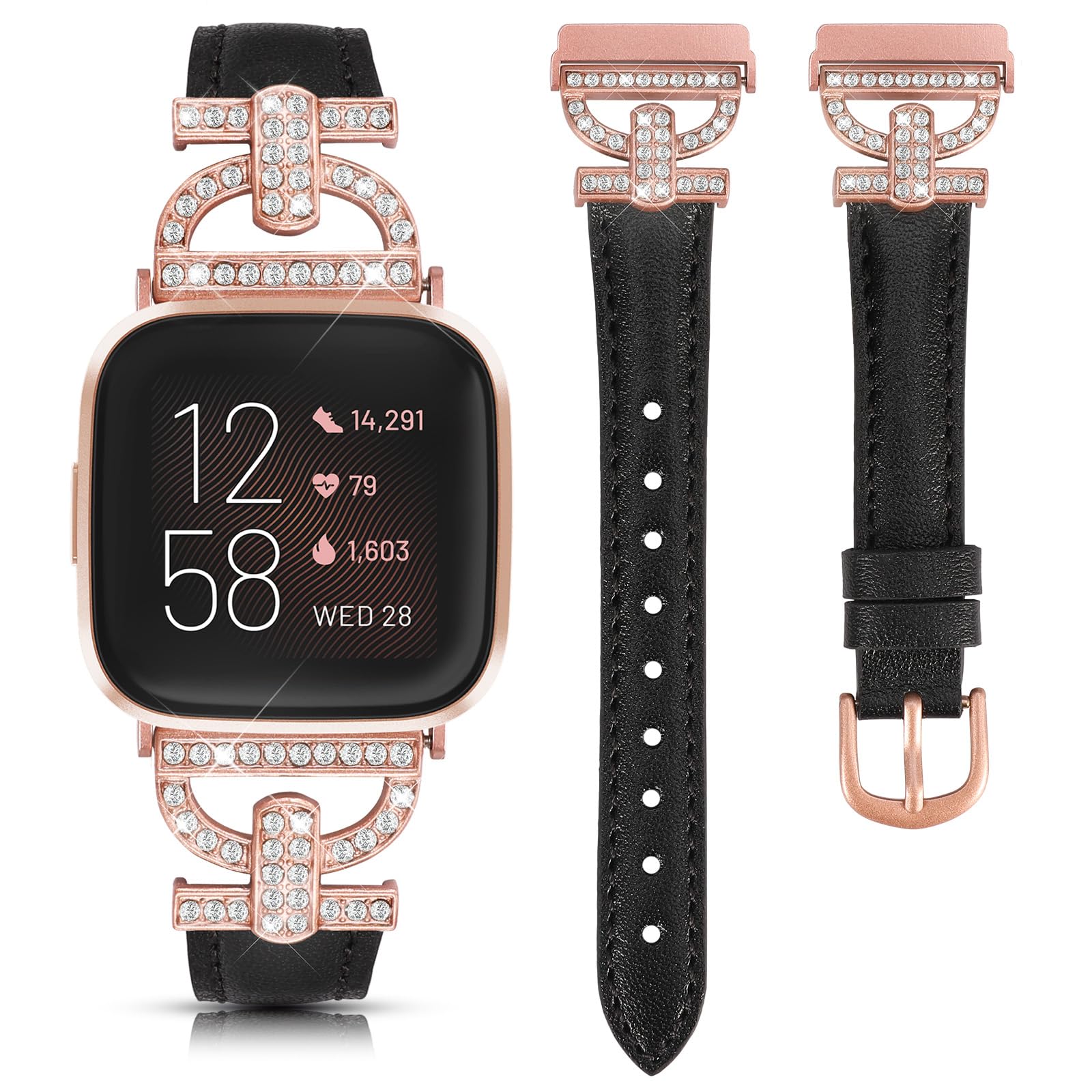 TOYOUTHSGenuine Leather Strap Compatible with Fitbit Versa 2/1 and Lite, Women's Slim D-Shaped Metal Buckle Rhinestone Luxury Bracelet for Special Edition