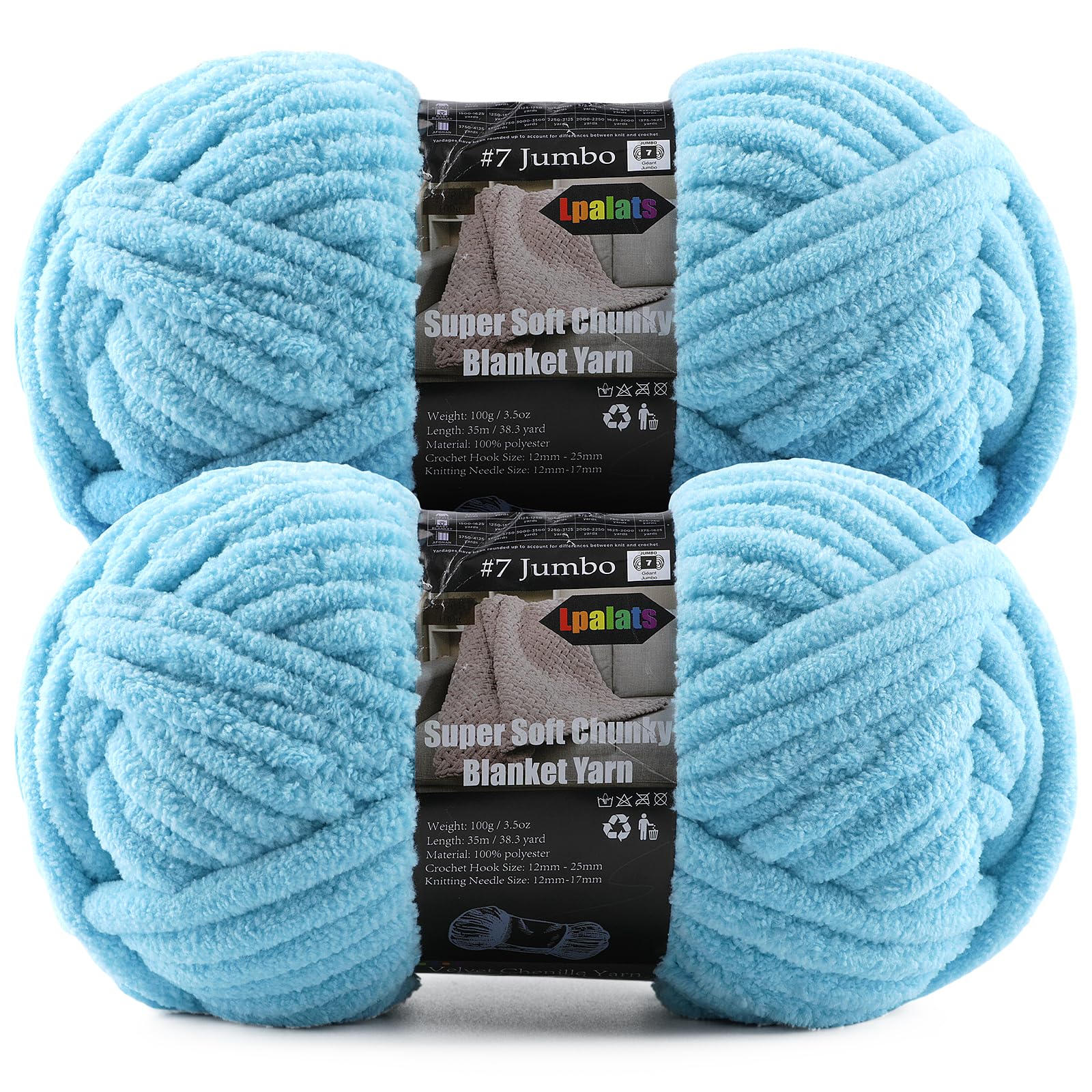 2-Pack Super Soft Chunky Yarn for Crocheting Blankets - 7oz/76.4yd Total, Thick &amp; Plush Chenille Yarn for Quick Baby Projects, Amigurumi, Scarves, Sky Blue