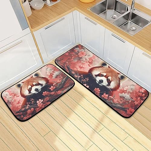 Miniatura 2 de Kitchen Mats for Floor 2 Piece Set Red Panda Floral Print, Anti Skid Cushioned Water Absorbent Kitchen Rugs Door Mat Floor Mats for Kitchen Sink