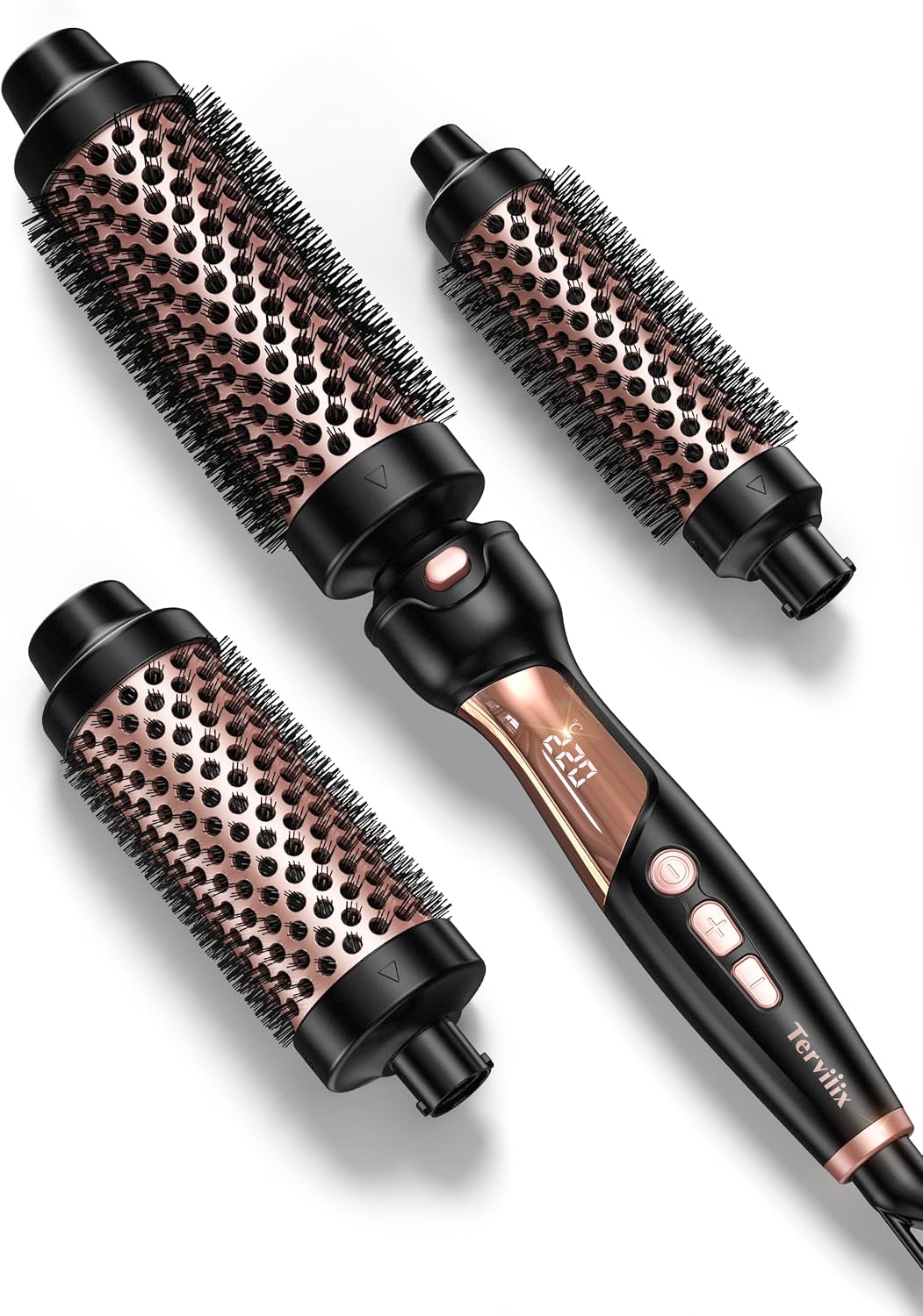 Terviiix Thermal Brush 3 in 1, Ceramic curling iron & hot brush with 9 temperatures. 3 interchangeable travel curling irons for short, medium and long hair (32mm, 38mm & 45mm tubes), double voltage.