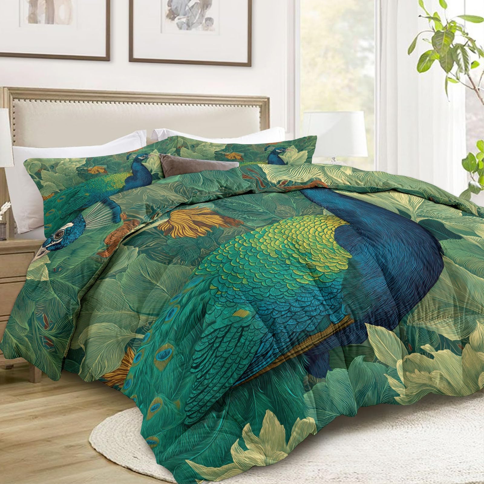 Piumino 4 Stagioni 150x200 cm Pavone Verde Trapunta Copriletto Imbottito Leggero in Microfibra Soffice, Trapuntino Stampa Reversibile Estate e Inverno