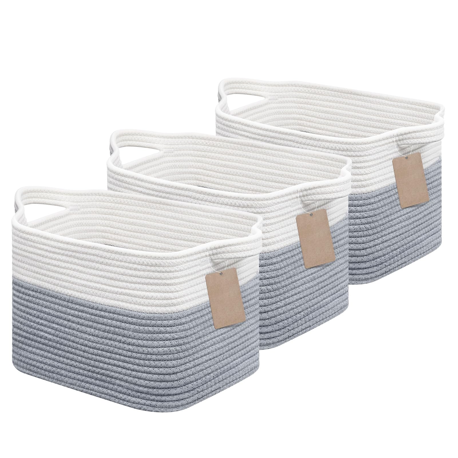 JOJOSEE Small Woven Storage Basket, Cotton Rope Basket for Shelves, Square Shelf Baskets for Home Bathroom Closet Organizer 33x25x22.5cm (White&Grey,3PCS)