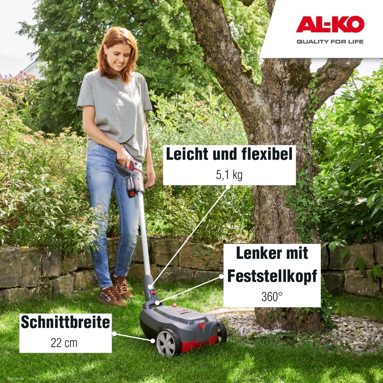 AL-KO Akumulatorowa kosiarka mulczująca 22,4 Li Comfort, szerokość cięcia 22 cm, 3-stopniowa regulacja wysokości cięcia, w zestawie akumulator litowo-jonowy 18 V/2,5 Ah i ładowarka, funkcja