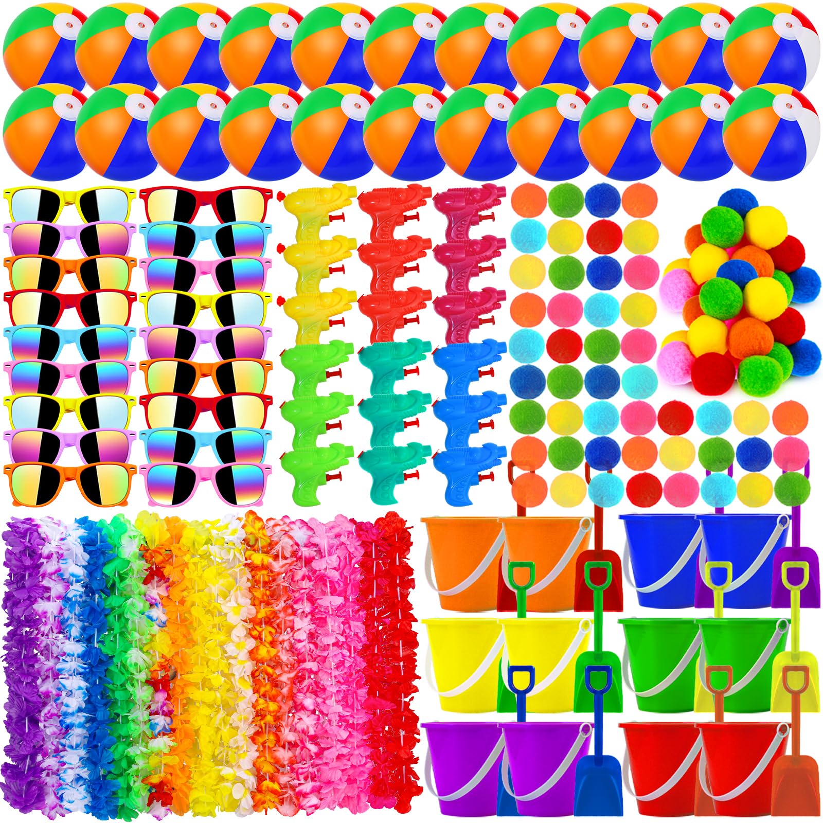 Oleitodh 126 Pcs Kids Summer Beach Party Favor Bulk-Includes 18 Inflatable Beach Balls, 36 Sand Bucket&Shovel Set, 18 Neon Sunglass, 18 Water Guns,18