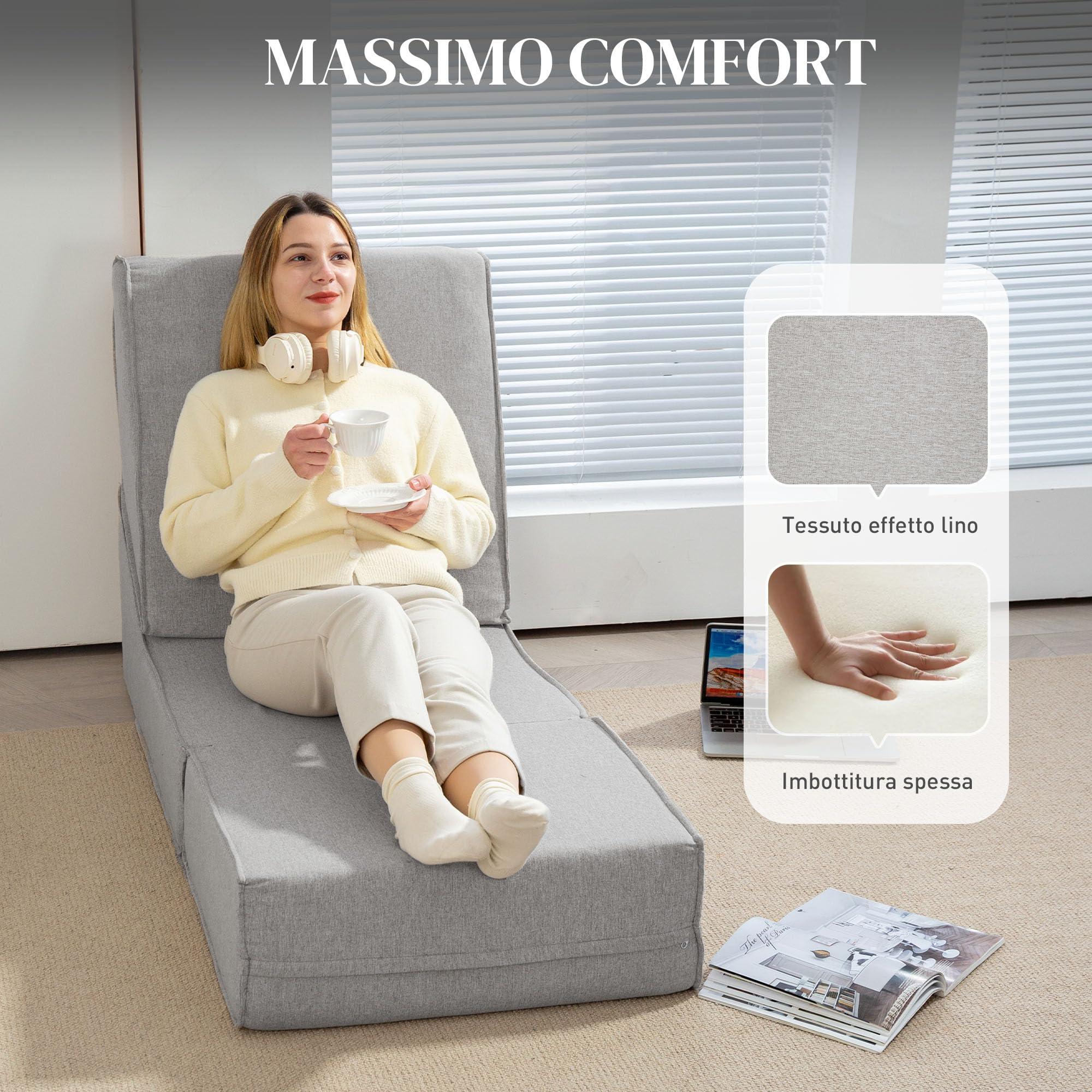 Poltrona Relax Da Pavimento HOMCOM | Convertibile In Chaise Longue | Grigio - Foto 8