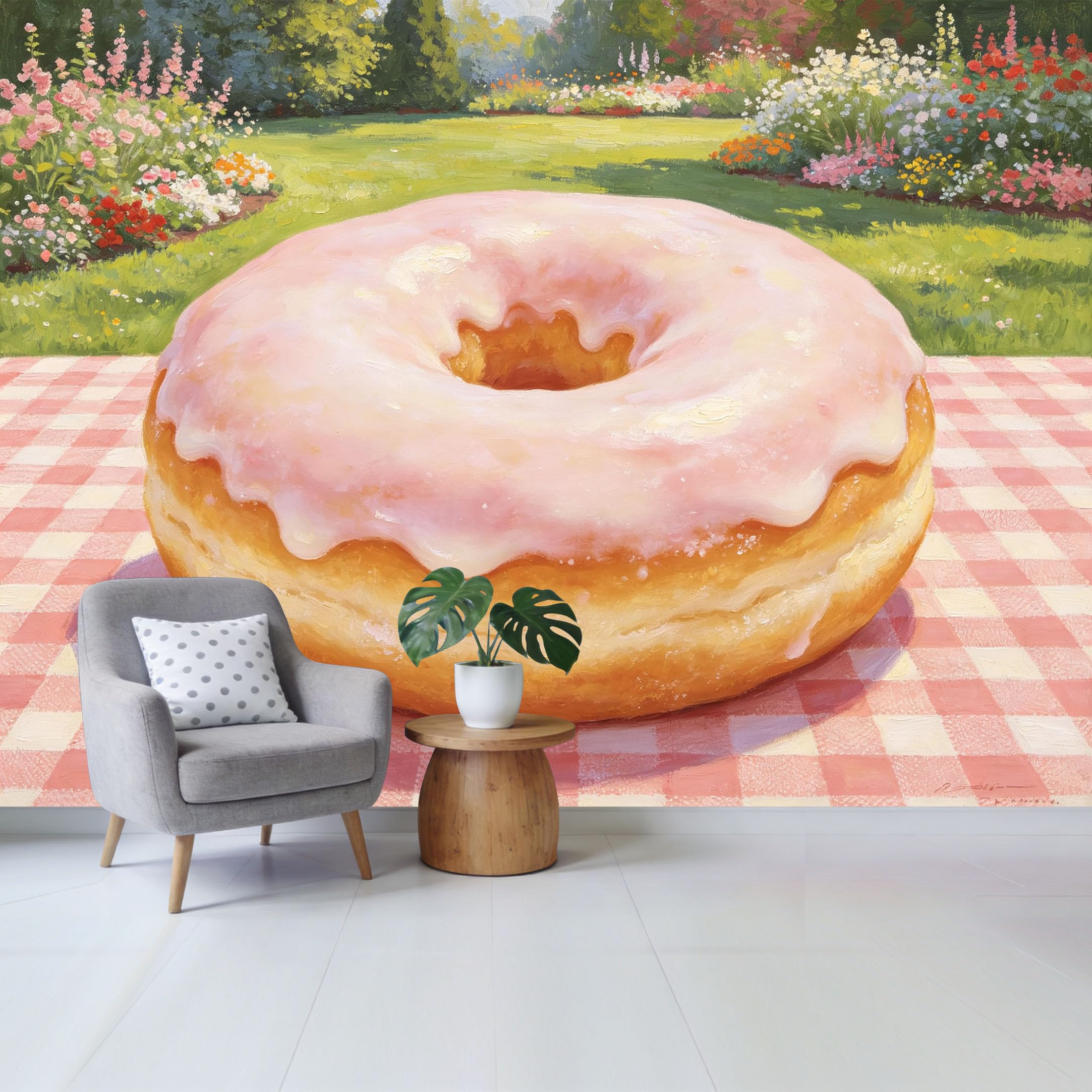 Qzlithotic Yq2605251254 Custom Size Wall Mural Pink Glazed Donut Picnic Oil Painting Style Botanical Garden Background Selfadhesive Wall Fabric Removable Wallpaper For Home Office Decor