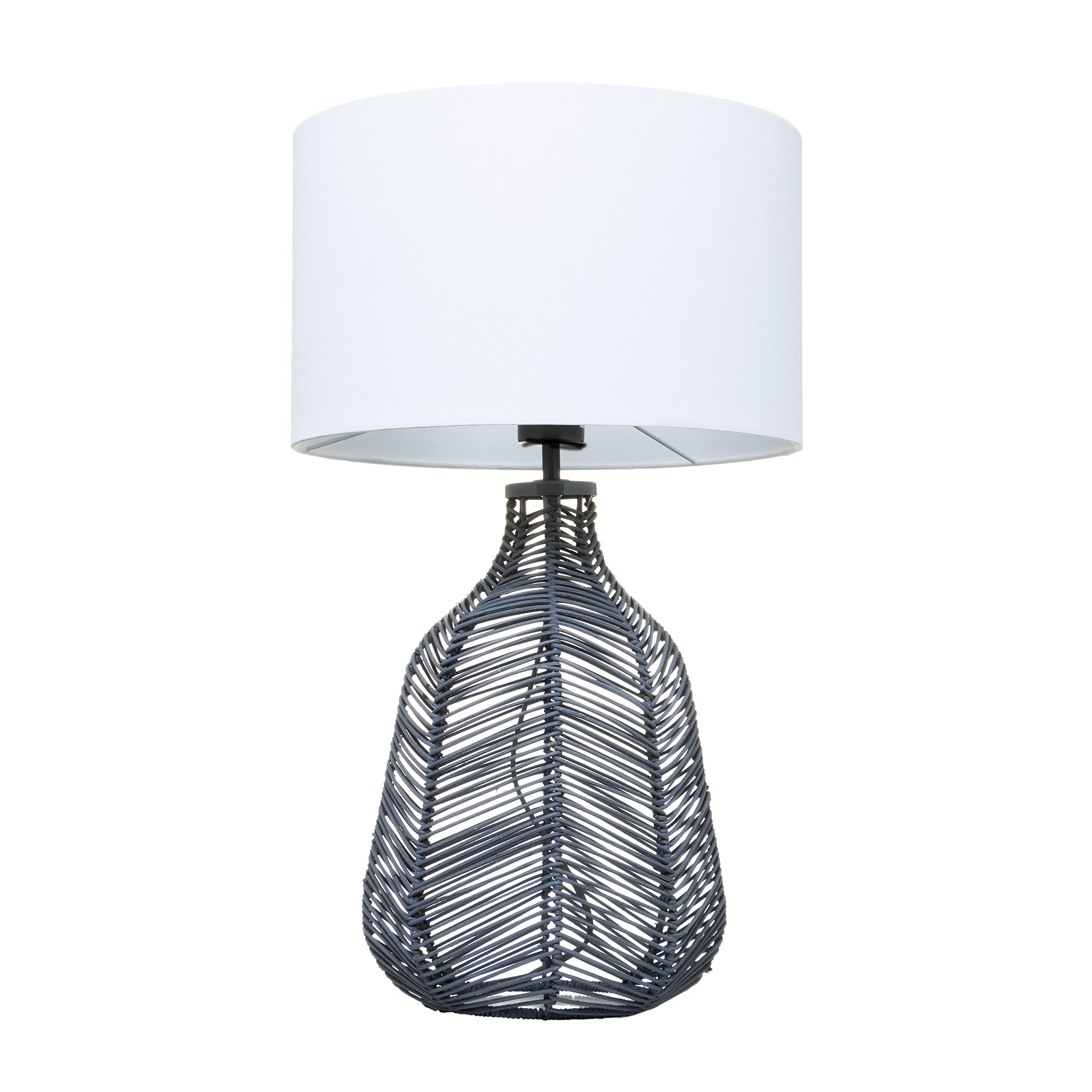 LITECRAFT Table Lamp Rattan Styled E27 Base with White Drum Fabric Shade - Grey