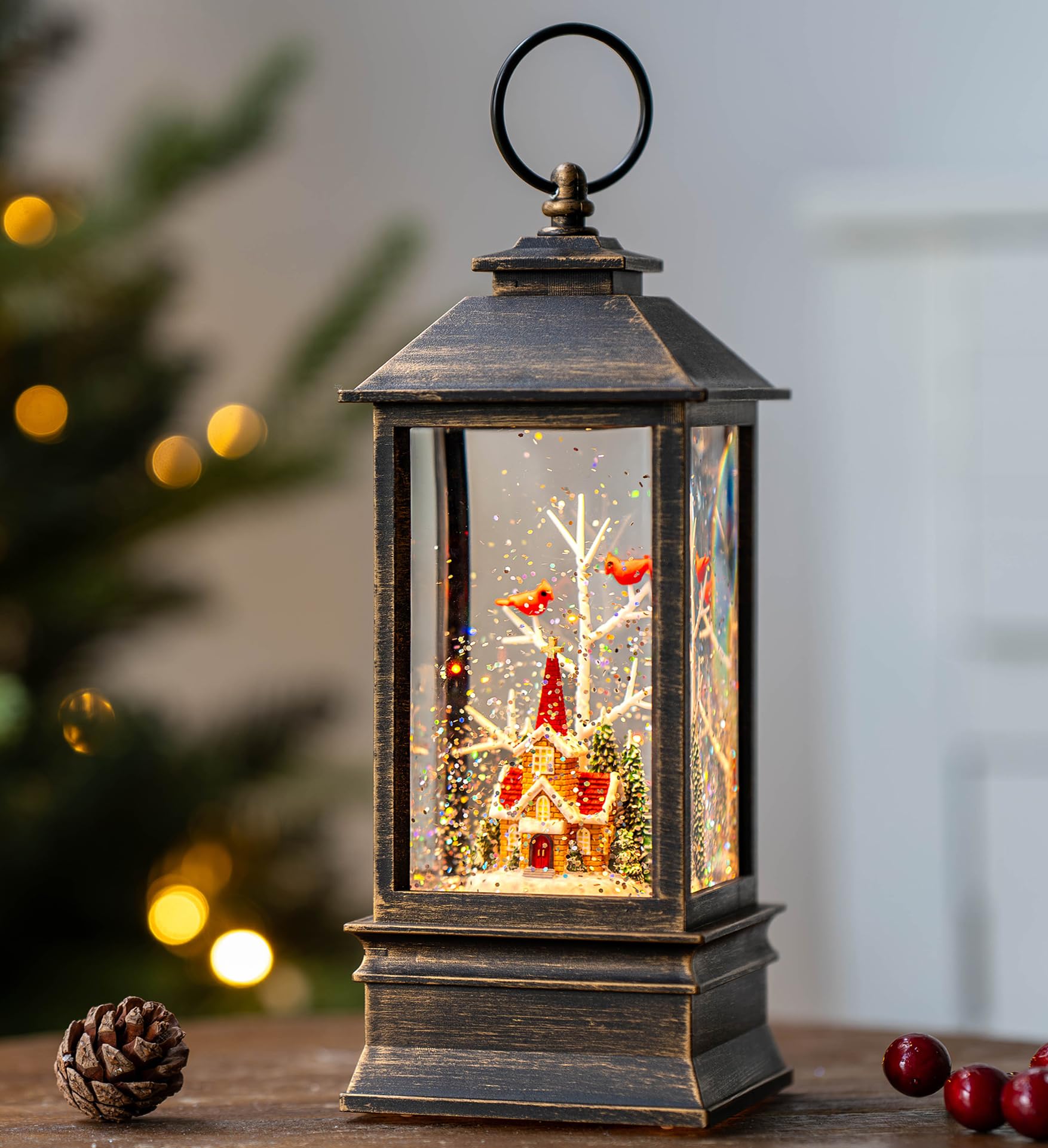 Christmas Snow Globe Lantern Water Glittering Cardinal &amp; Church with Music &amp; Timer, USB Lined/Battery Operated Lighted Lantern for Christmas Festival Decoration Gifts