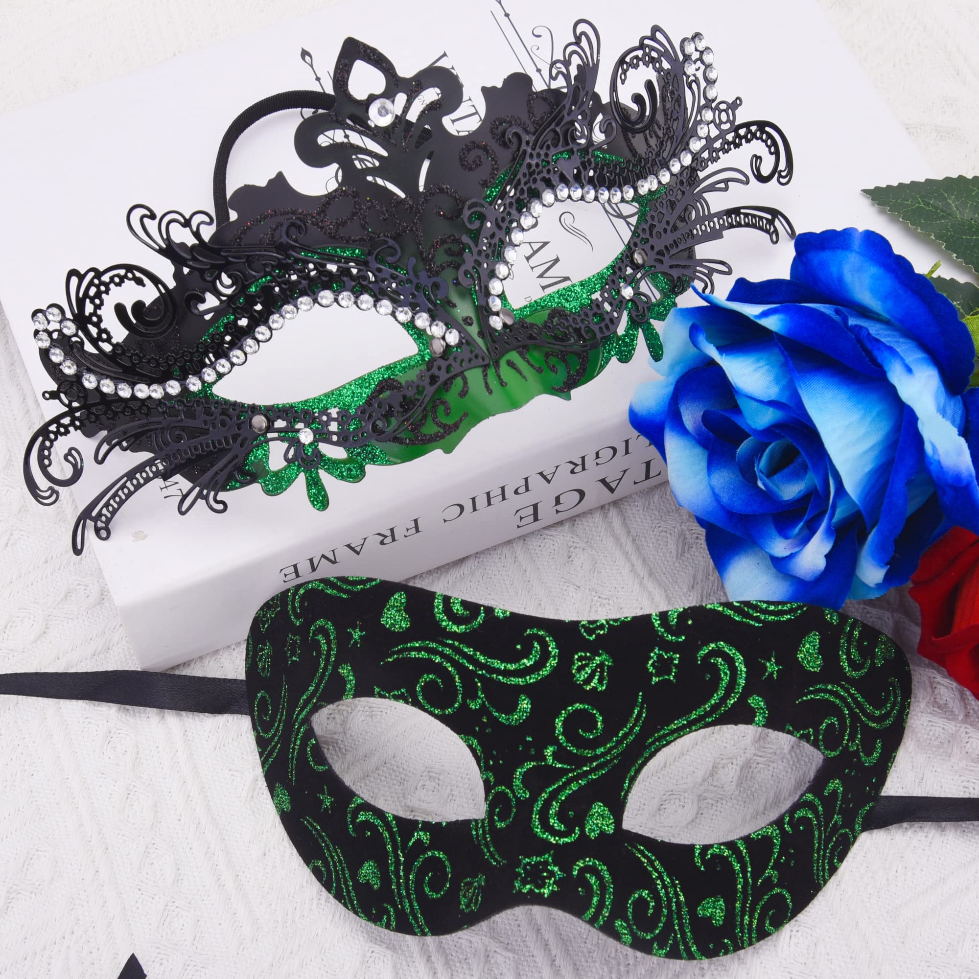 SIQUK Couple Masquerade Masks Metal Venetian Party Mask Halloween Costume Mask Mardi Gras Mask for Couples Women and Men: Inlaid Alloy Black & Green