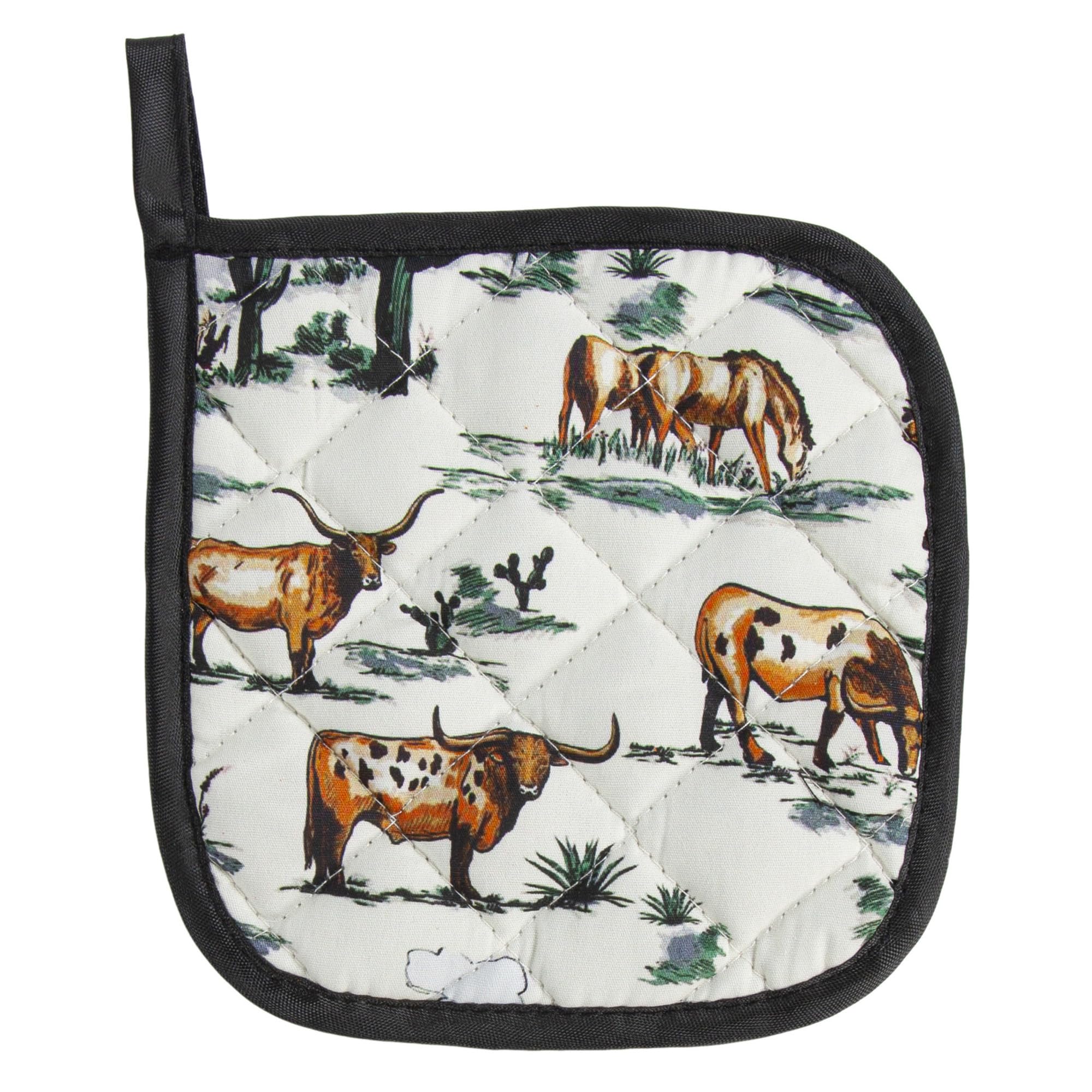 Paseo Road Ranch Life - Set di 10 presine da cucina, resistenti al calore, con stampa di cowboy e mucche longhorn verdi e bianche, in cotone, stile rustico occidentale