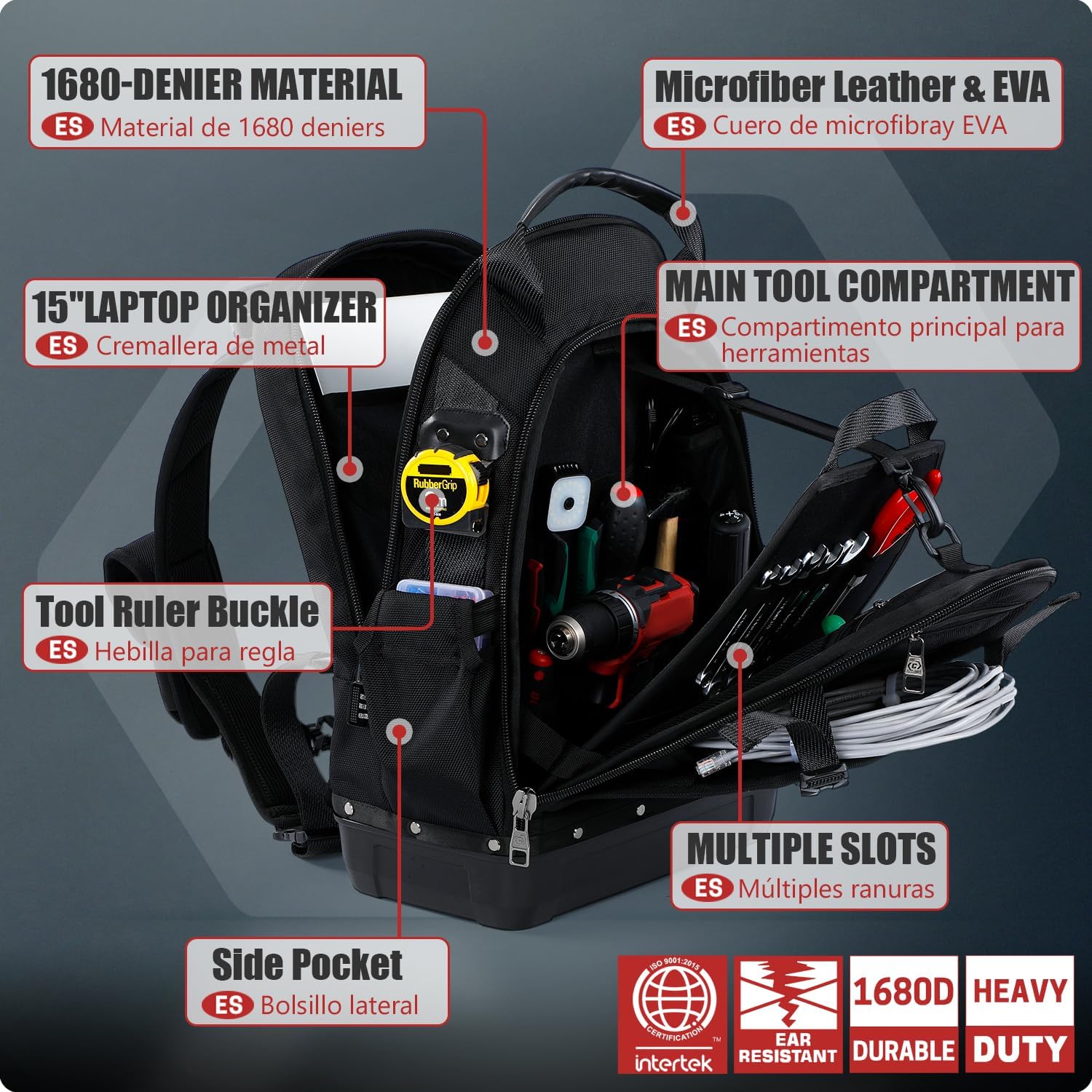 Tool Backpack, Heavy Duty Electrician Backpack with Waterproof Bottom & Laptop Compartment, Durable HVAC/Mechanic/Technicians Backpacks for Tool Organizer