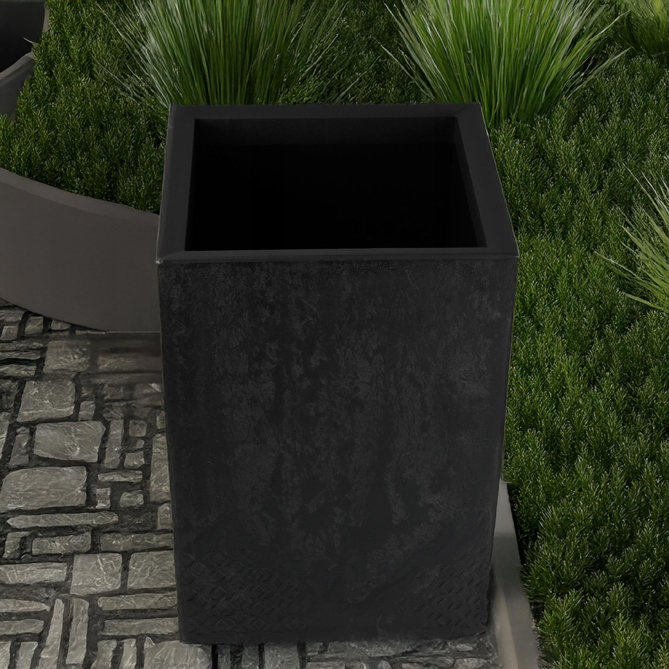Vaso Da Fiori Con Inserto 40x60 cm, Plastica Riciclata, Con Ruote, Look Cemento Nero, Per Interno/Esterno, Robusto
