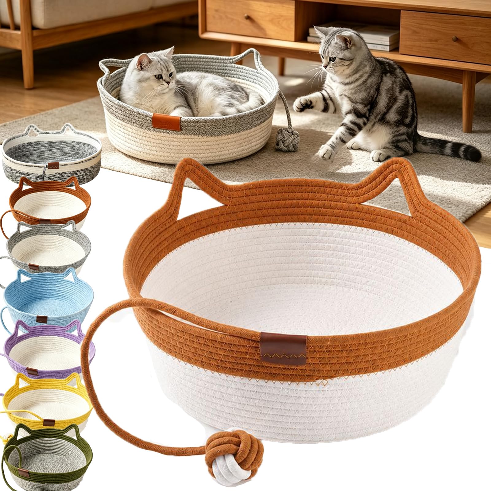 Cat Instinct Basket Cat Scratcher, Cat Basket Bed with Cushion and Hanging Ball Toy, Handwoven Cotton Rope Cats Bed for Cats & Kittens, Scratchable Woven Cat Nest Lounger for Sleeping & Playing，E：M — image 1