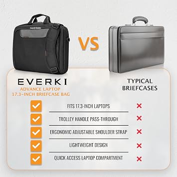 EVERKI Advance Laptop Briefcase 17.3 Inch - Business Briefcase for Men & Women, Ideal Lap Top Computer Bag for Travel, Heavy Duty Laptop Bag, Mens Lap Top Messenger Carrying Case, (EKB407NCH17) Black