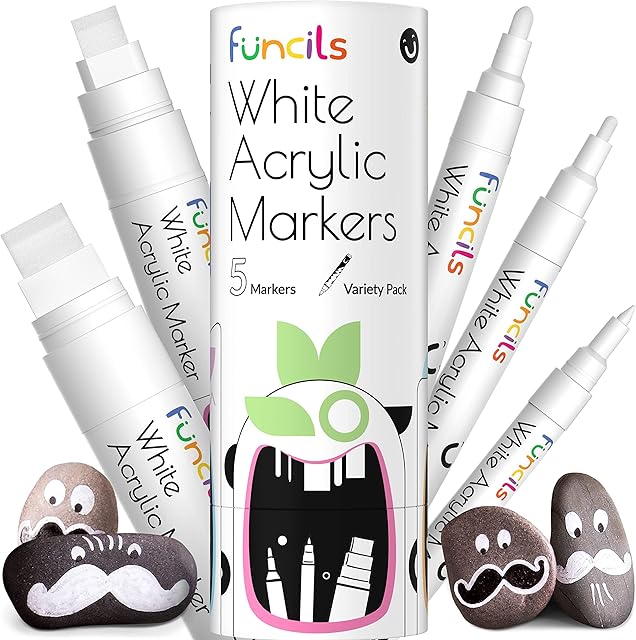 Funcils 5 Acrylic White Paint Pens - Fine & Jumbo Size Ink Pens (1mm, 3mm, 6mm, 10mm, 15mm) - Permanent White Marker Ink for Rock Painting, Fabric, Tire, Metal, Wood, Canvas, Glass, Plastic, Ceramic