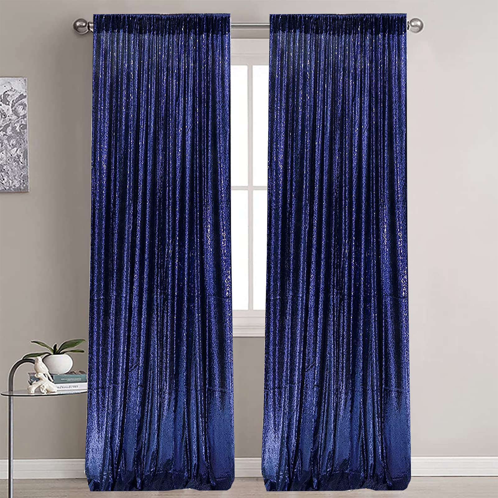 WISPET Navy Blue Sequin Backdrop Curtains 2 Panels 4FTx8FT Glitter Navy Blue Photo Backdrop Drapes Party Wedding Baby Shower Curtain Sparkle