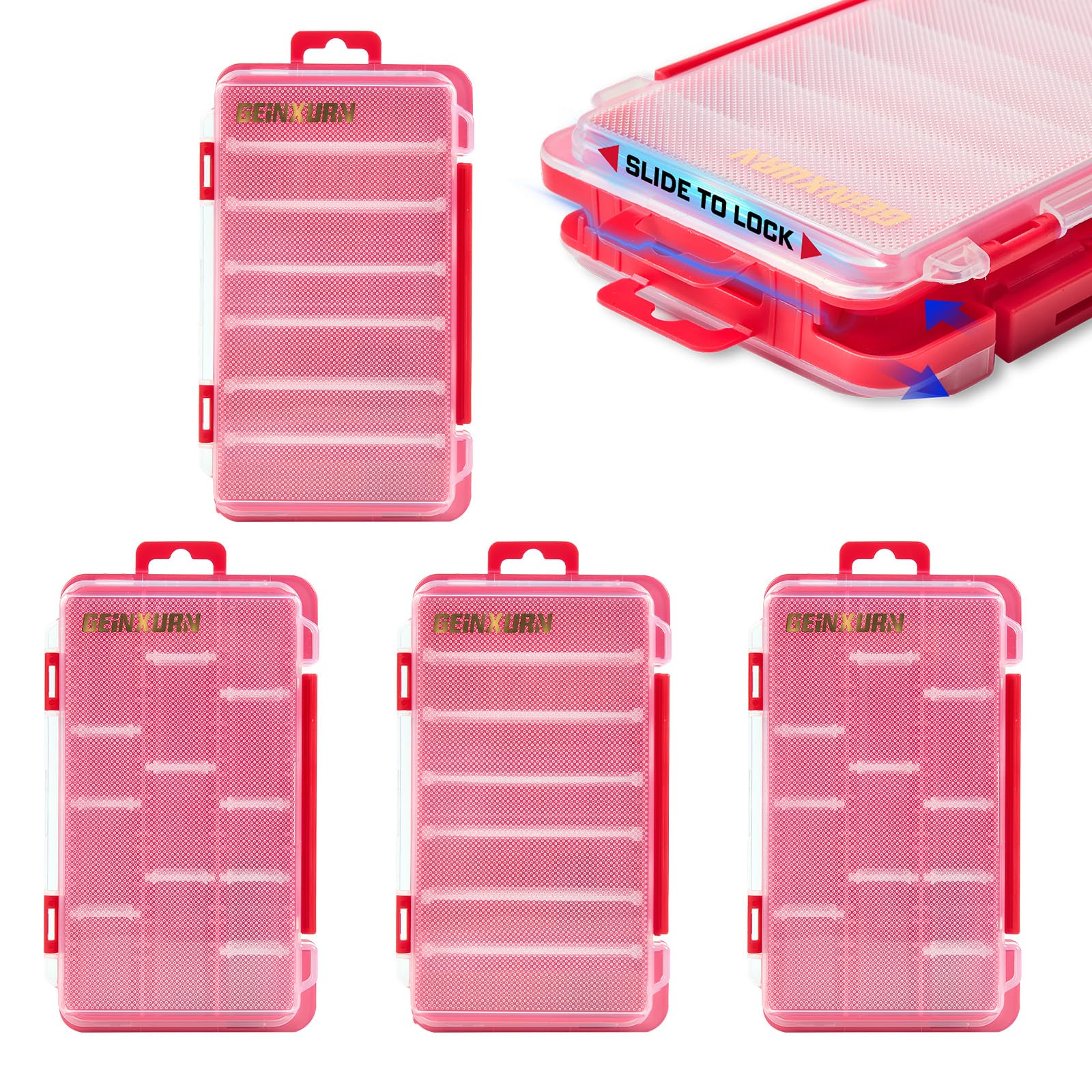 Geinxurn Portable Fishing Tackle Box Organizer, 4Pieces Red Plastic Storage Case with Customizable Dividers for Fishing Lures Hooks Baits, Small Parts & DIY Tools, Transparent Lid Tackle Tray