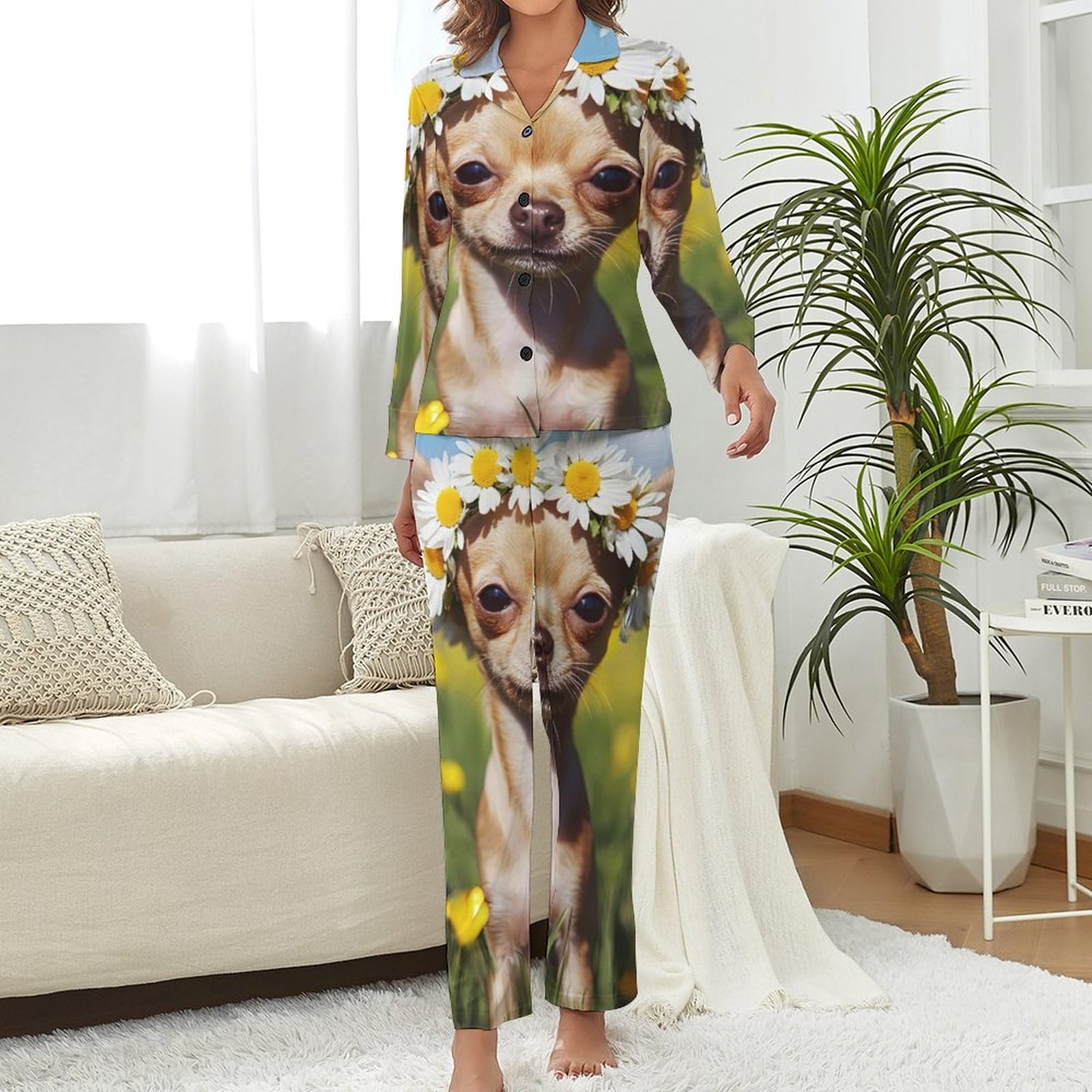 Conjunto de pijama elegante de perro chihuahua con estampado de flores para mujer, manga larga, botones y pantalones, ropa de descanso