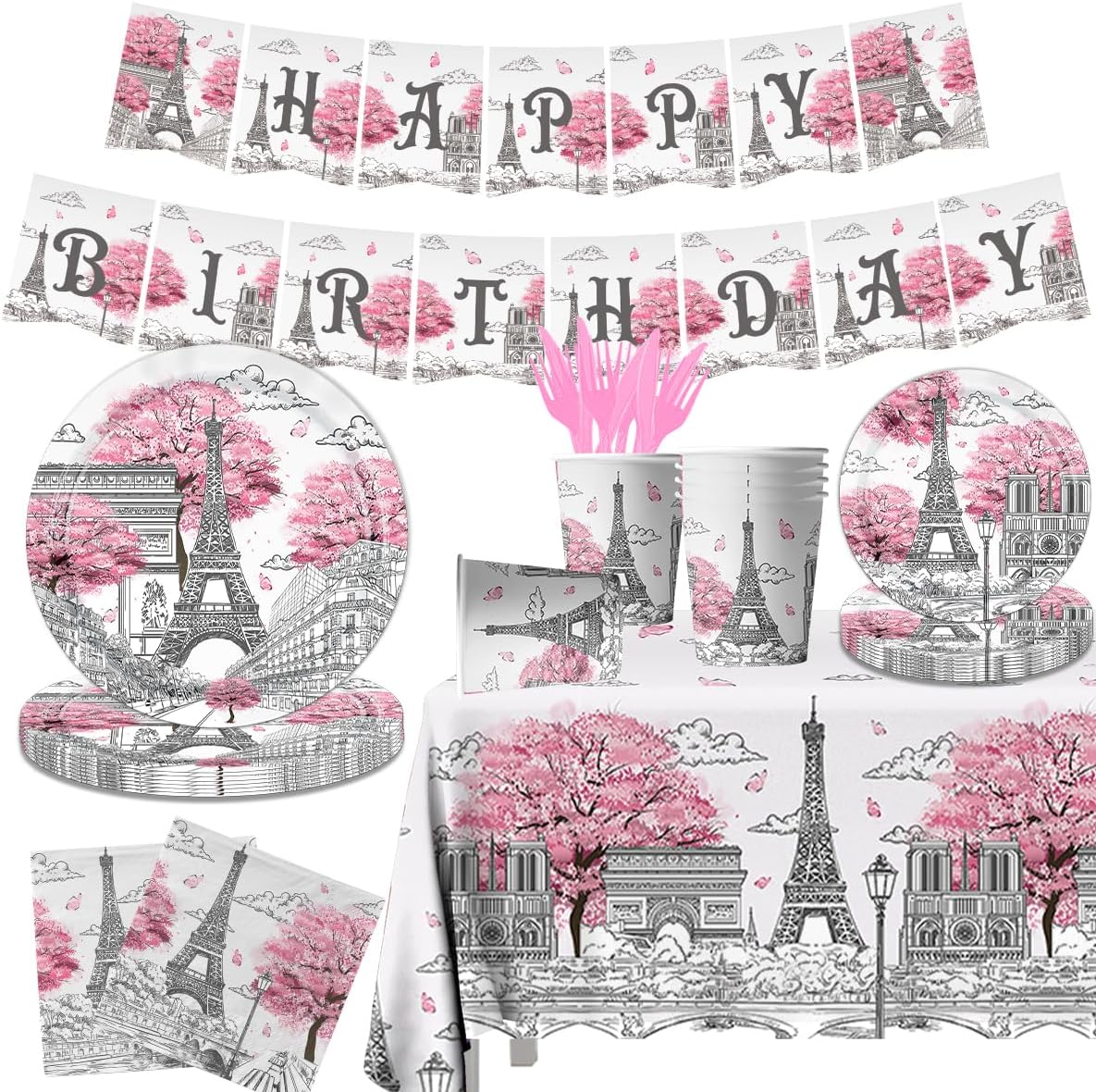 Paris Themed Party Decorations - 142PCS Eiffel Tableware Set Include Plates, Napkins, Cups, Tablecloth for Paris Birthday Party Supplies