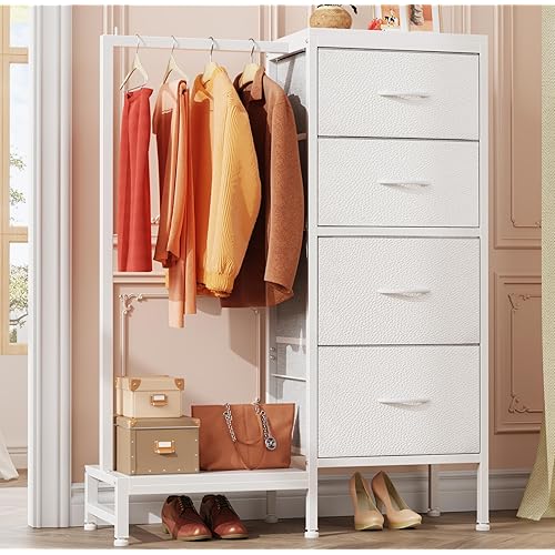 Dresser with Hanging Rack, 4 Drawers Small Closet for Bedroom, Reversible Fabric Chest of Drawers with Clothes Rack, Tall Storage Tower, Sturdy Frame, White, 44''H