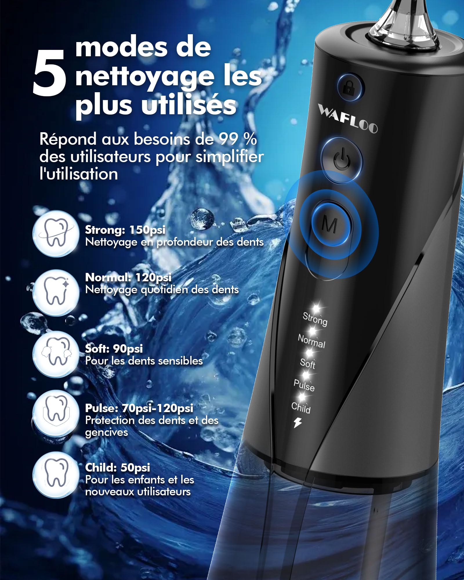 Jet Dentaire Hydropulseur, 5 Modes, 6 Embouts, Rechargeable, Portable, Réservoir de 300ML, Flosser Électrique, Étanchéité IPX7, Nettoyage des Dents Idéal pour Maison et Voyage (Noir)
