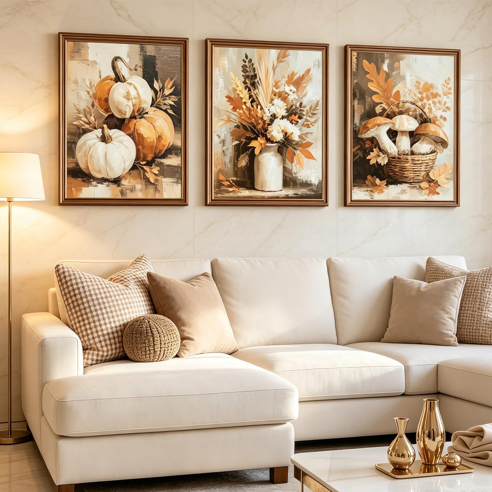 ZBELLO Set of 3 Autumn Canvas Wall Art, Vintage Pumpkin Mushroom Floral Prints, Neutral Farmhouse Fall Wall Decor, Thanksgiving Decor for Living Room Bedroom (30x40cm,flower)
