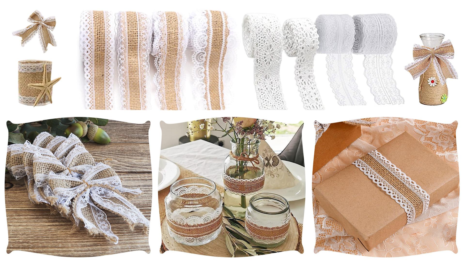 16 Rouleaux Ruban Jute Et Dentelle - 12m Naturel + 13m Blanc - Pour Décoration Mariage, DIY, Emballage Cadeau