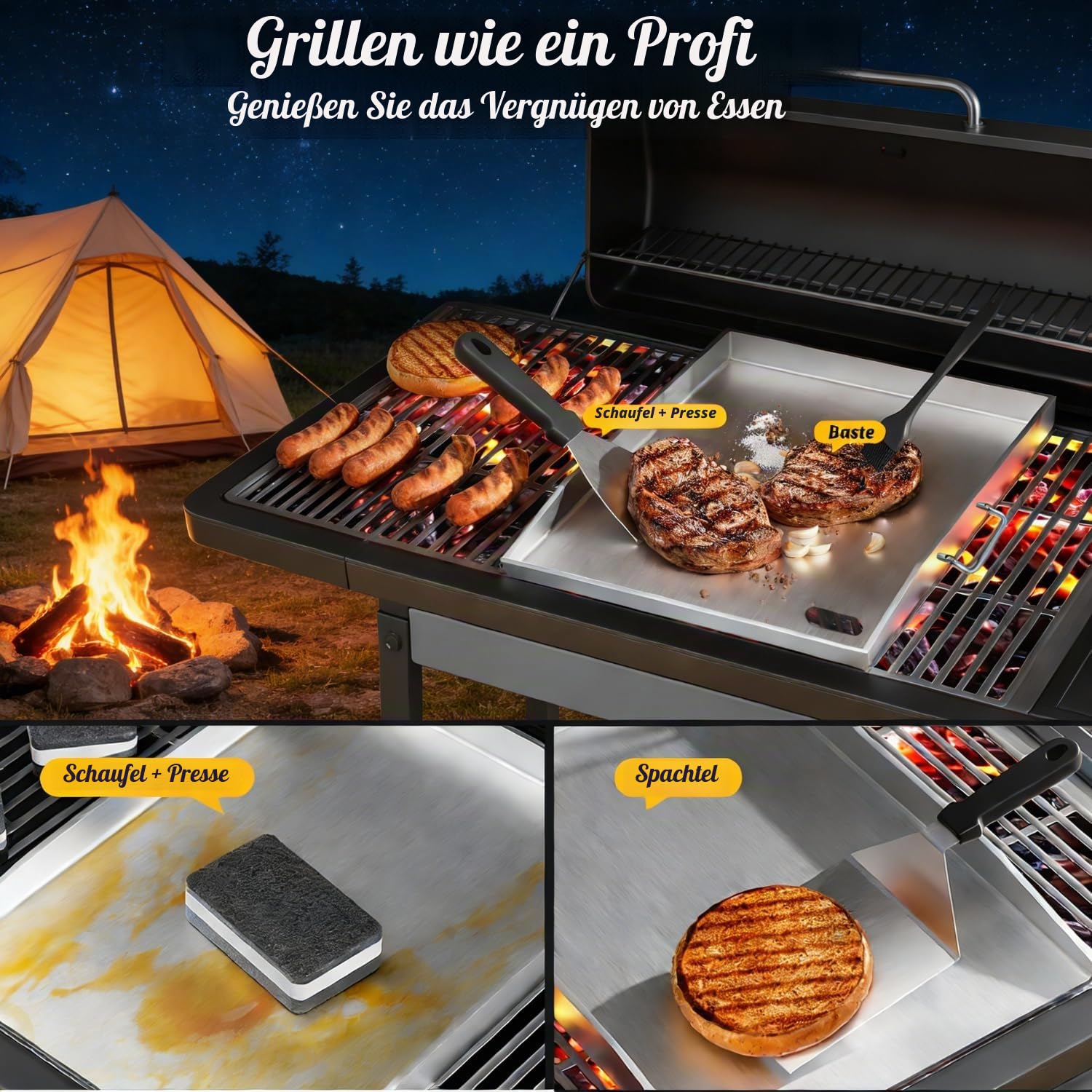 Grillplatte 40x30cm aus Edelstahl 304 mit Grillspachtel Set | Robuste 4mm Edelstahlplatte für Grill, Feuerstelle und Herd.Inklusive praktischem Zubehör für vielseitige Nutzung