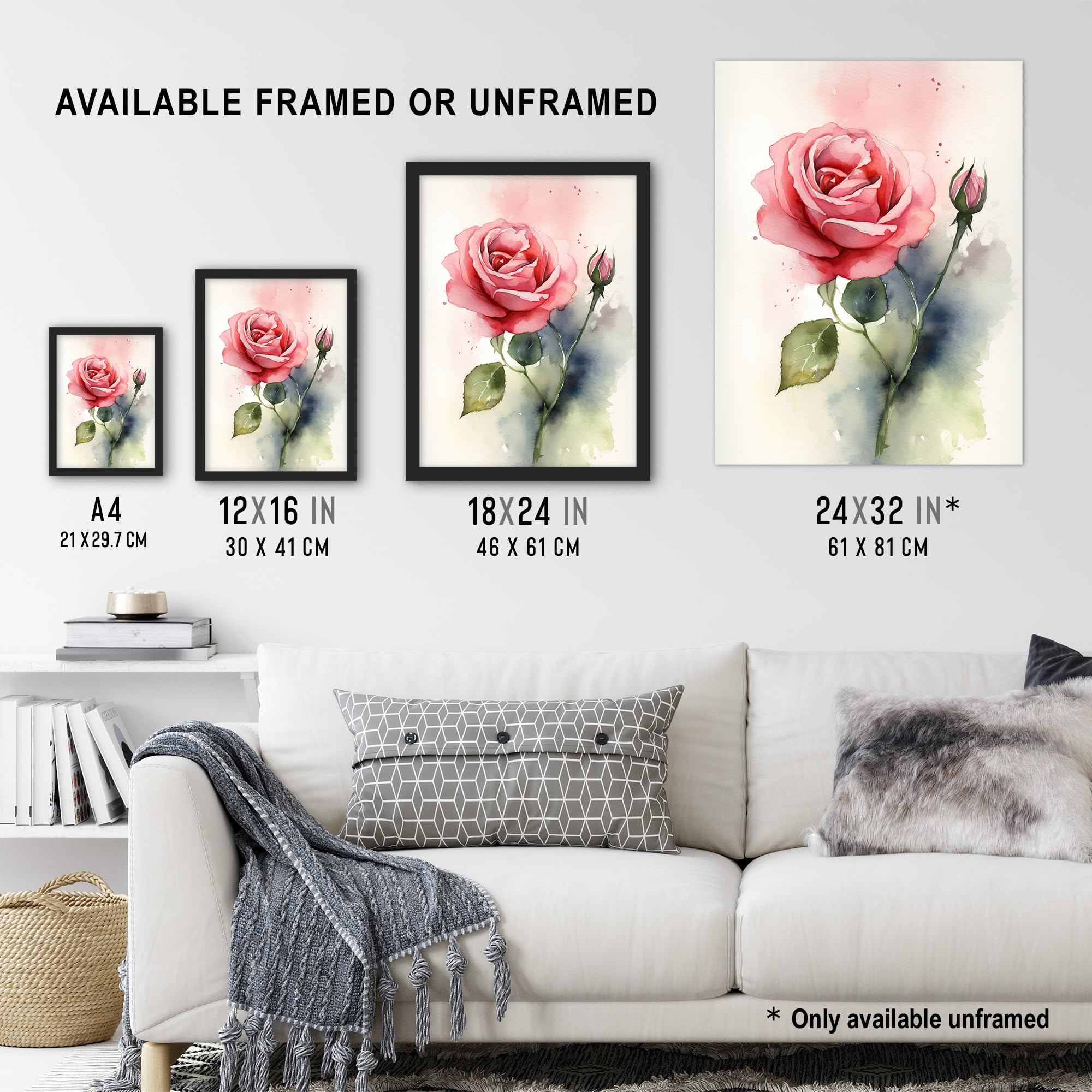 Artery8 Rose Bloom Flower Soft Watercolour Painting Green Pink Single Bloom With Bud Elegant Spring Romance Nature Colourful Bright Floral Modern Artwork Extra Large XL Wall Art Poster Print - Image 3