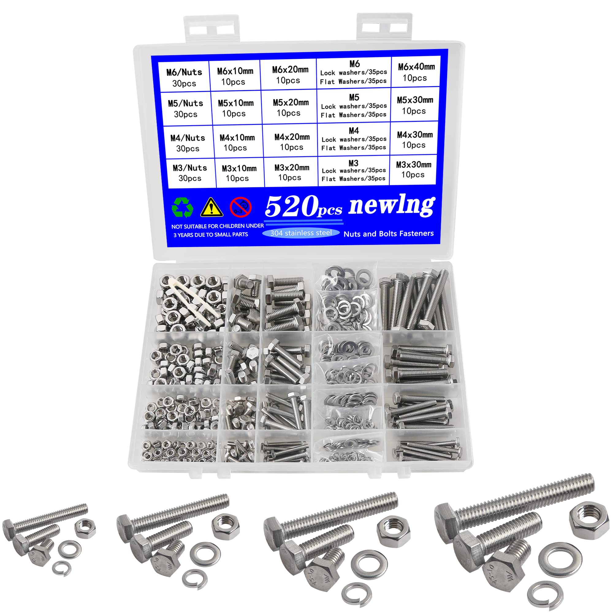 newlng M3 M4 M5 M6 Bolts and Nuts Flat and Lock Washers Assortment Kit 520 PCS Metric 304 Stainless Steel Hex Head Cap Screws Bolts and Nuts
