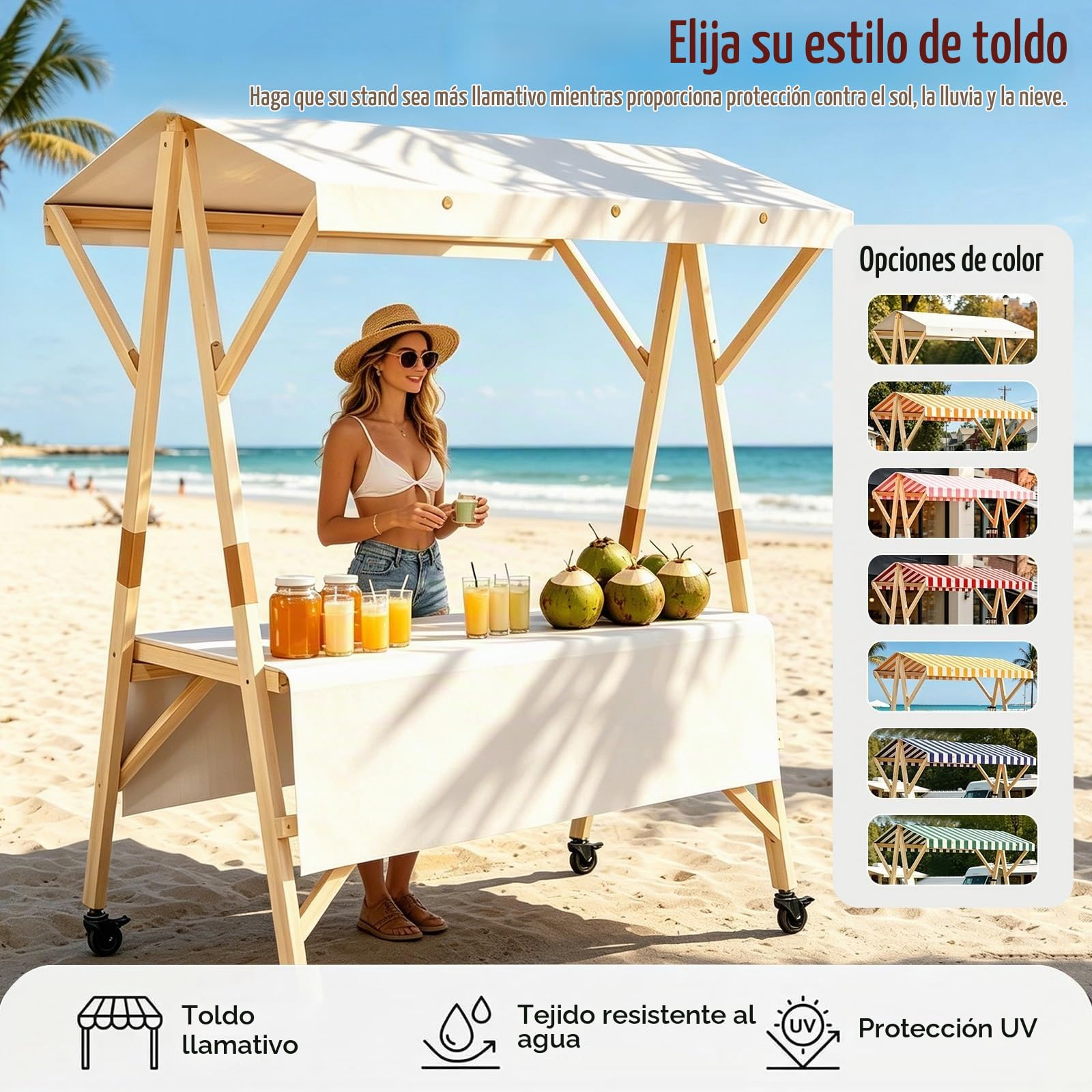 HARELA Genérico Puesto de Mercado con Toldo y Ruedas, Carrito de Comida callejera de Madera, Carro de Venta Ambulante para Perritos Calientes/Salchichas/Pan(White,120cm/47.2in)