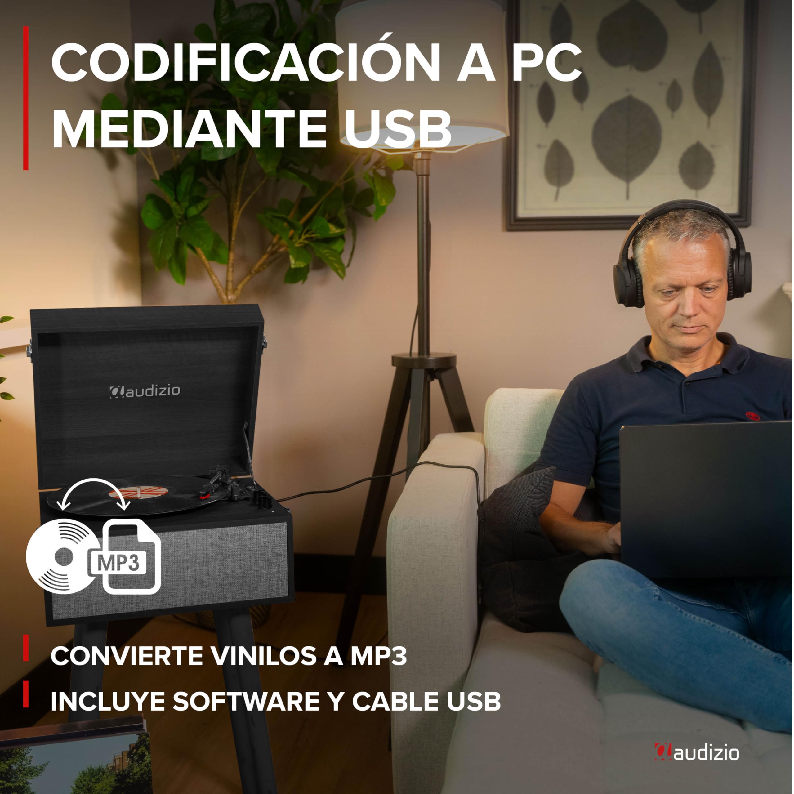 Audizio Fremont - Tocadiscos Retro con Patas de Madera, Bluetooth bidireccional, USB para digitalizar vinilos, Altavoces estéreo, RCA, 3 velocidades, Entrada AUX y Salida de Auriculares Color Negro