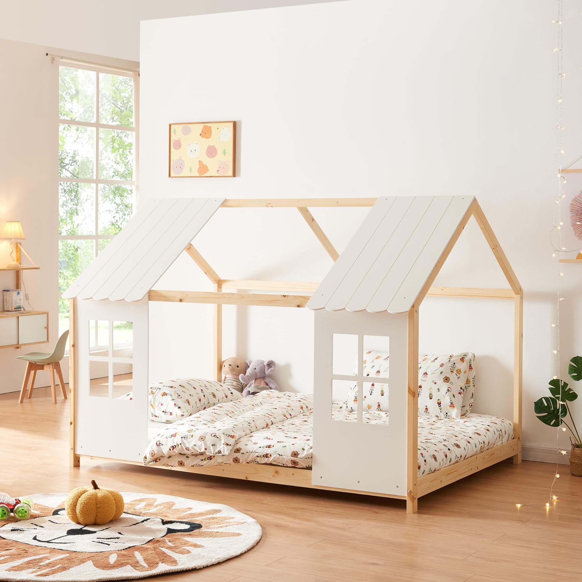 [en.​casa] Tostedt - Lit pour enfant - Design semi-​ouvert - Cadre de lit en pin massif - 120 x 200 cm - Bois/​blanc